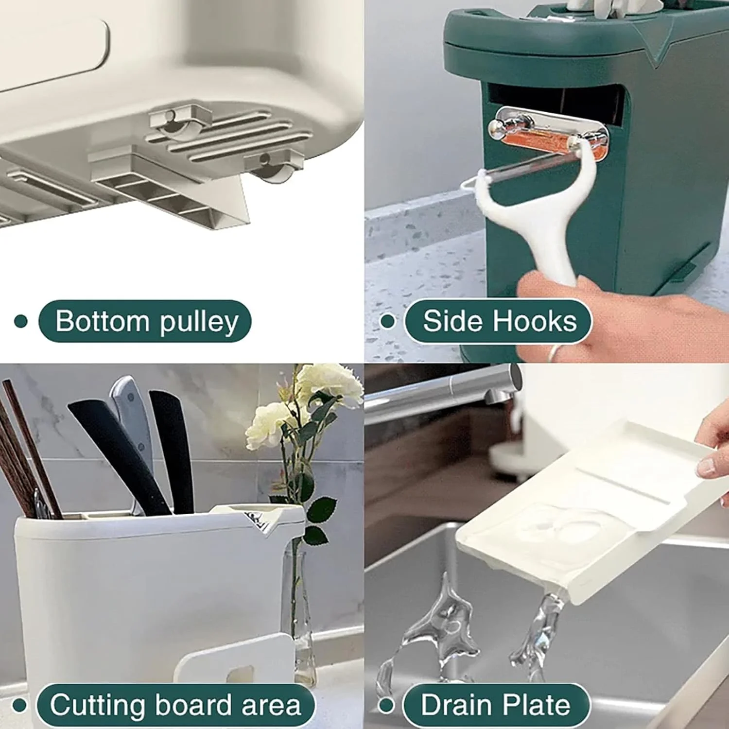 جا قاشقی چند منظوره، پایه تخته چاقو، جا چاقویی با تیزکن، قفسه نگهداری آشپزخانه برای تخته های برش، درب قابلمه، ظروف، سازمان دهنده نگهداری آشپزخانه (سفید)