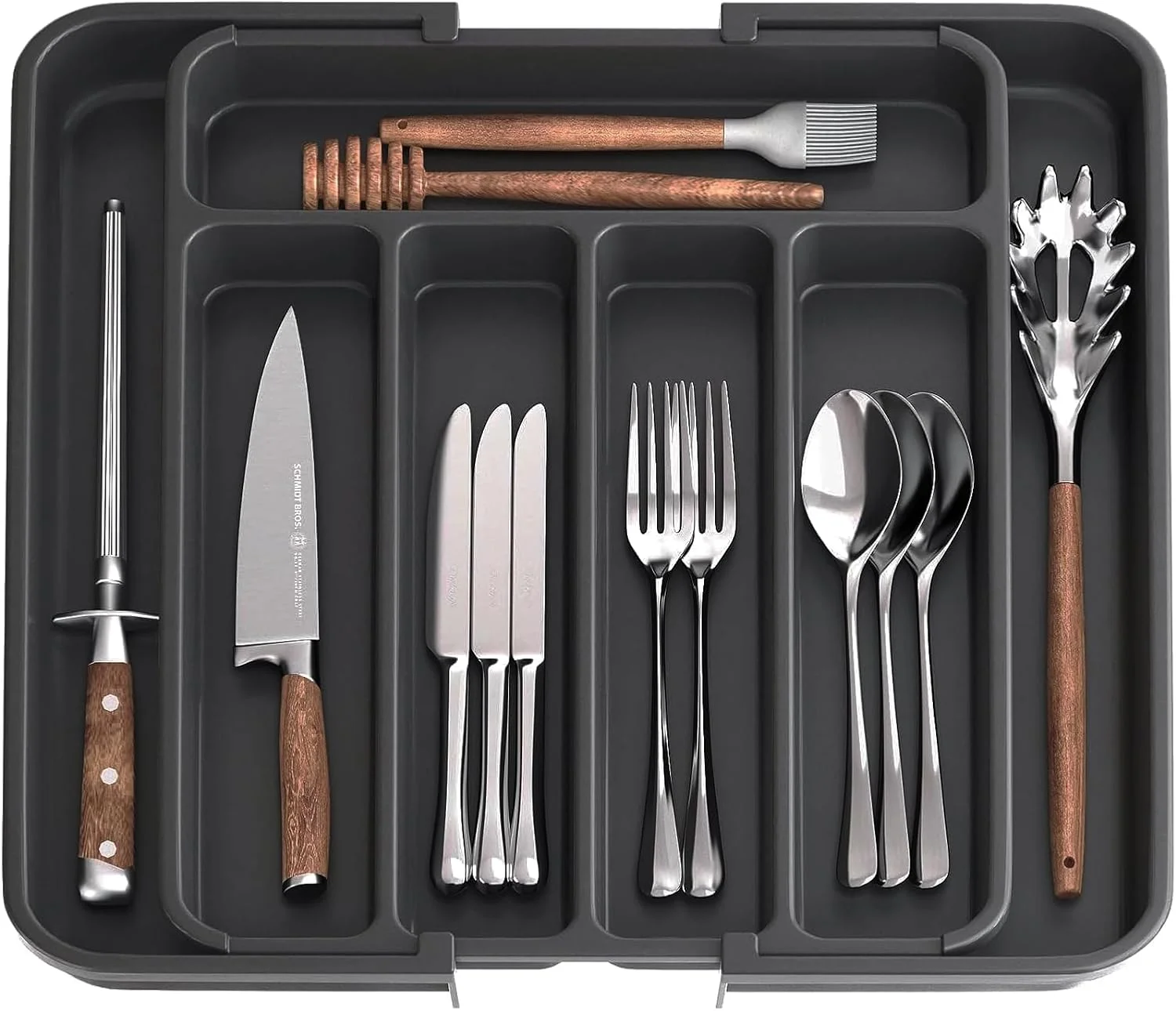 ارگانایزر کشو نقره ای MostNow، سینی لوازم آشپزخانه قابل گسترش، ارگانایزر لوازم قابل تنظیم، ارگانایزر کشو کارد و چنگال برای چنگال، چاقو، ارگانایزر و نگهداری چند منظوره آشپزخانه (مشکی)