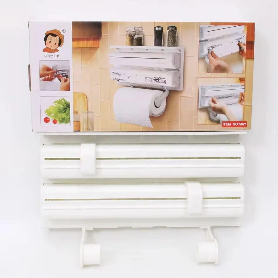 نگهدارنده رول آشپزخانه دیواری با پخش کننده فویل و سلفون | نگهدارنده دستمال کاغذی 3 در 1 با قفسه ذخیره سازی | سازمان دهنده فویل آلومینیومی، سلفون و دستمال کاغذی برای دیوار آشپزخانه | صرفه جویی در فضای آشپزخانه