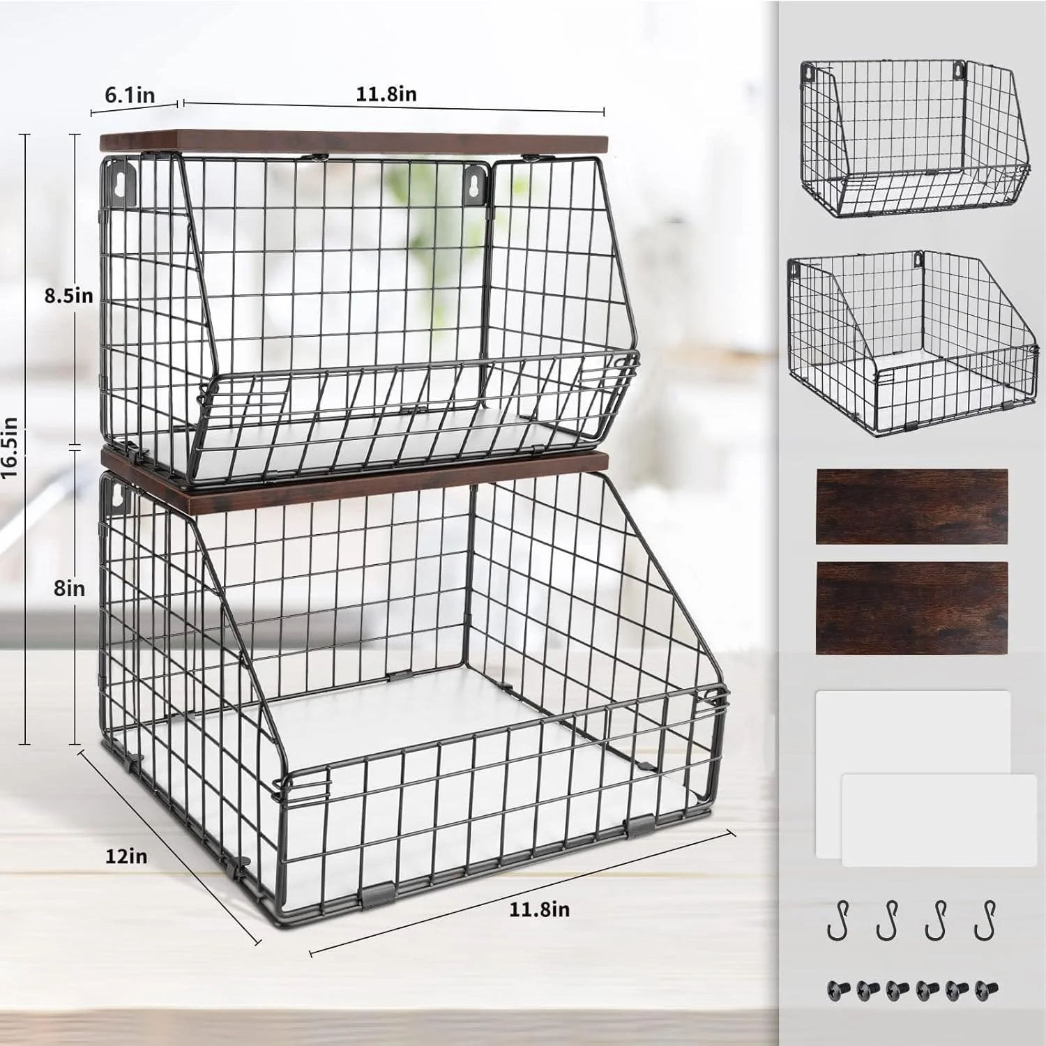 سبد میوه MostNow، سبدهای میوه قابل نصب روی دیوار، سبد سیب زمینی پیاز برای آشپزخانه، سبد سیمی آویز با درب چوبی، سازمان دهنده 2 طبقه سبزیجات برای سازماندهی روی میز آشپزخانه