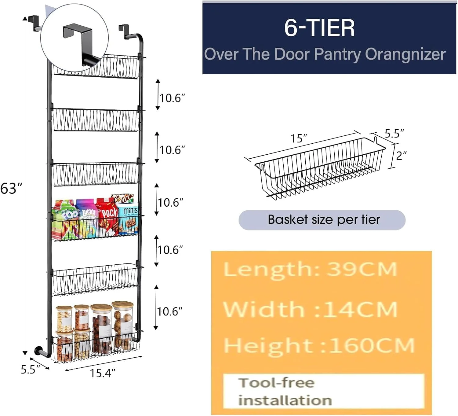 MostNow ارگانایزر کابینت آویز پشت دری، 6 طبقه، مناسب برای سازماندهی و نگهداری مواد غذایی، قفسه فلزی آویز ادویه برای درب کابینت، آشپزخانه، رختشورخانه، سازماندهی حمام، قفسه ادویه پشت درب، مشکی