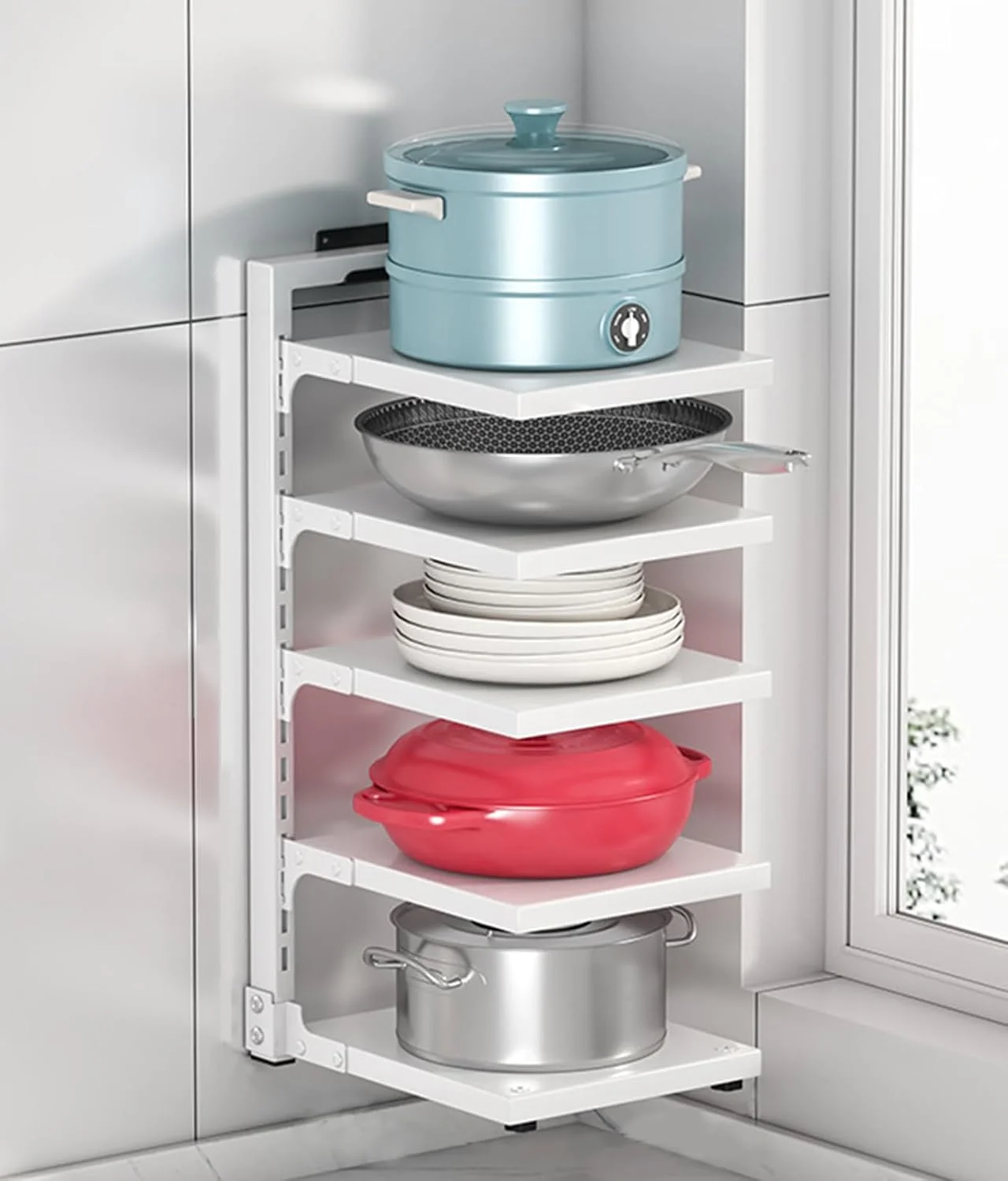 قفسه قابلمه، سازمان دهنده قابلمه و تابه دیواری، قفسه ذخیره سازی آشپزخانه فولاد کربنی برای زیر سینک، کابینت و روی میز (5 طبقه) (سفید)