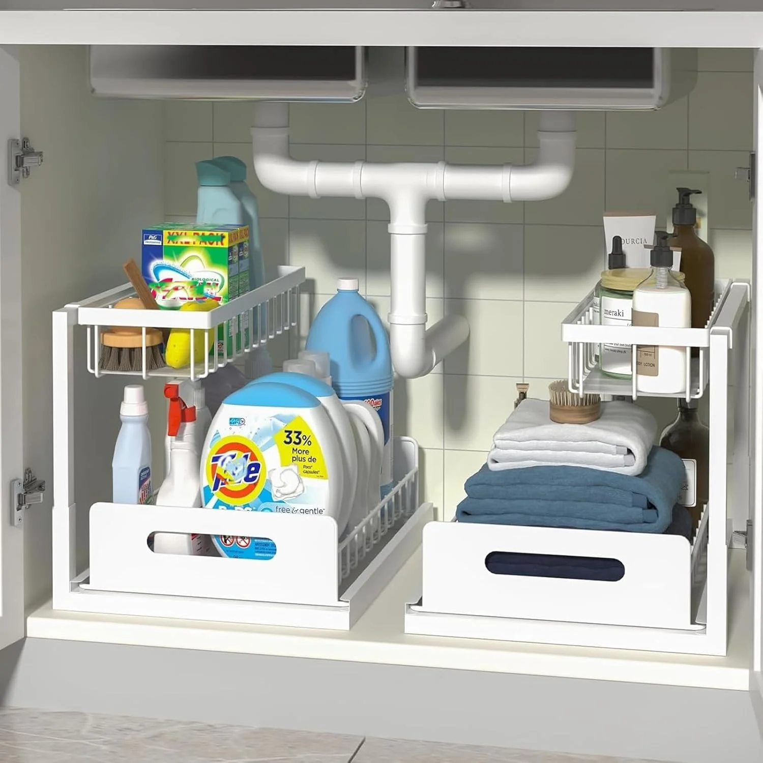 ارگانایزر زیر سینک MostNow - بسته 2 عددی قفسه های کشویی کابینت، ارگانایزر قفسه کشویی سینک برای آشپزخانه و حمام (سفید، 2 عدد)