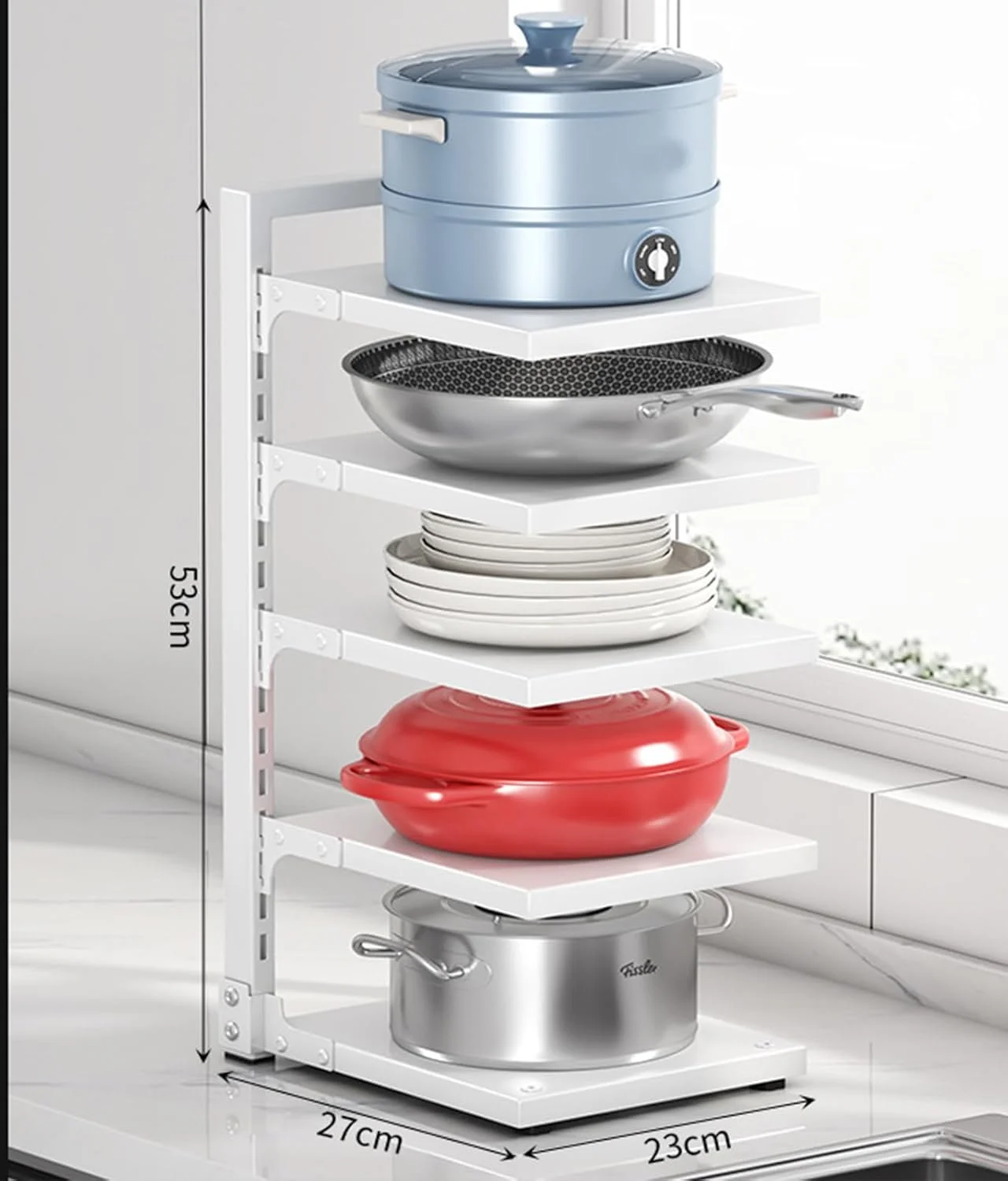 قفسه قابلمه، سازمان دهنده قابلمه و تابه دیواری، قفسه ذخیره سازی آشپزخانه فولاد کربنی برای زیر سینک، کابینت و روی میز (5 طبقه) (سفید)