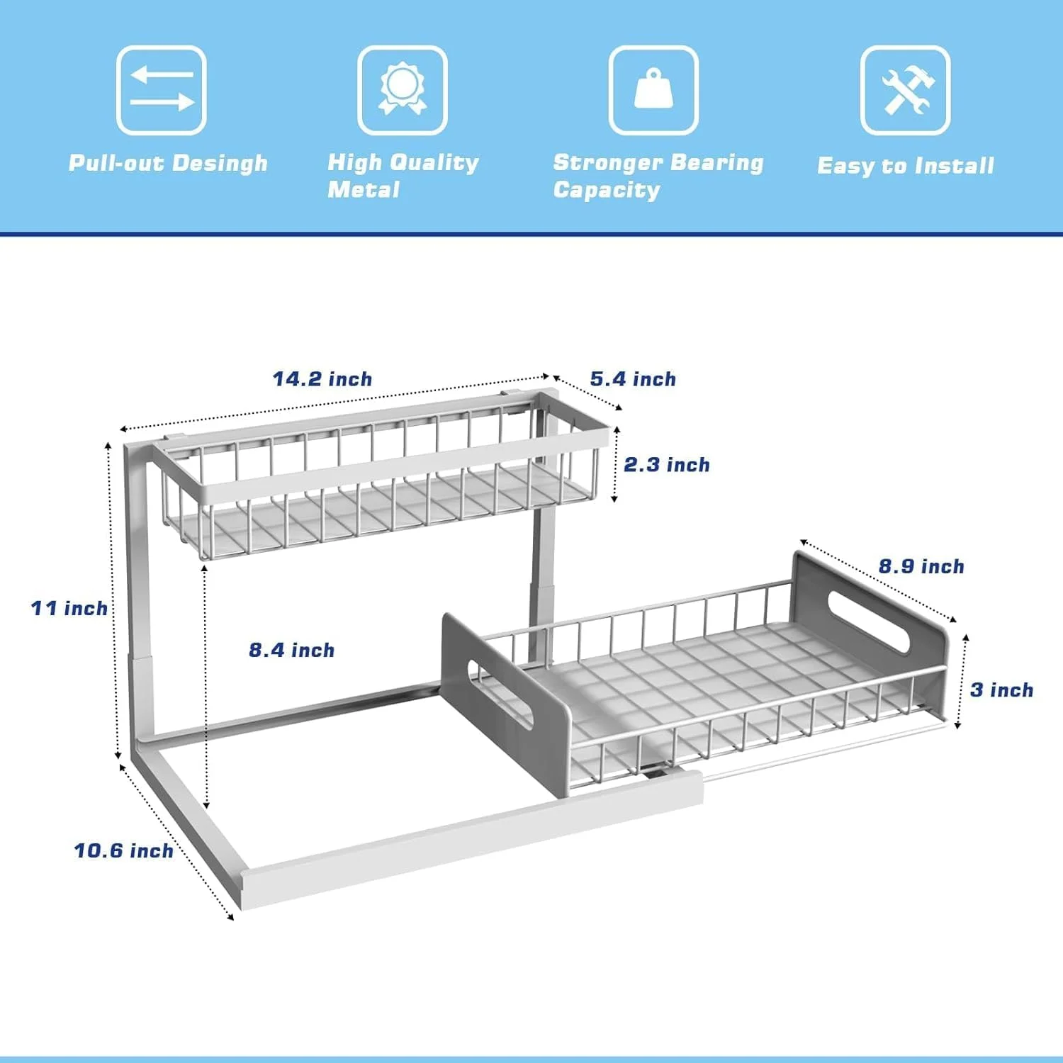 ارگانایزر زیر سینک MostNow - بسته 2 عددی قفسه های کشویی کابینت، ارگانایزر قفسه کشویی سینک برای آشپزخانه و حمام (سفید، 2 عدد)