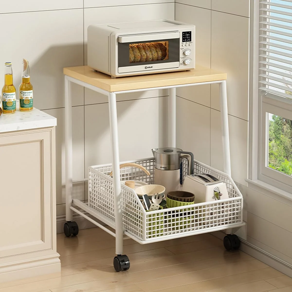 قفسه کوچک ذخیره سازی آشپزخانه MOMUHOO با چرخ، سبد ذخیره سازی 2 طبقه، سازمان دهنده ذخیره سازی آشپزخانه، ترولی متحرک ذخیره سازی برای آشپزخانه، حمام، اتاق لباسشویی، بدون نیاز به مونتاژ (سفید)