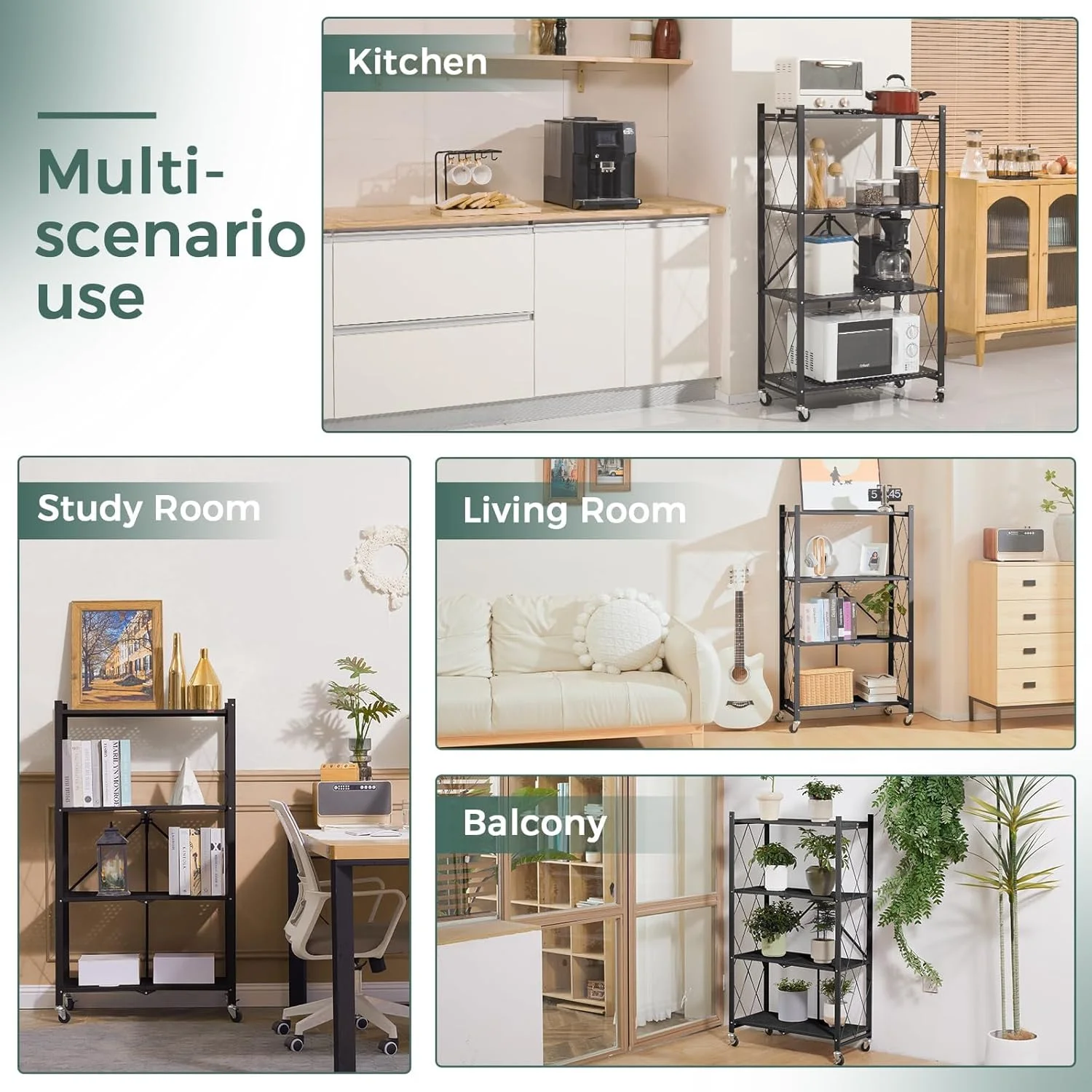 قفسه تاشو 4 طبقه MOMENT، قفسه های ذخیره سازی کابینت آشپزخانه، قفسه چند منظوره برای اتاق نشیمن، اتاق خواب، آشپزخانه، گاراژ، مشکی