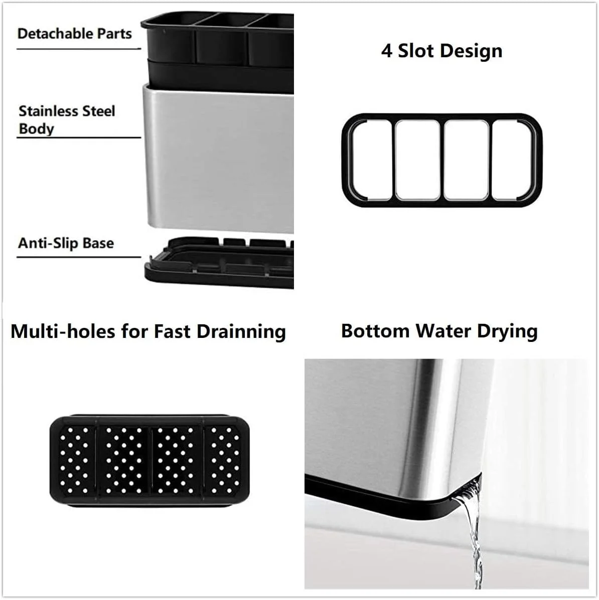 جا قاشقی و ابزار آشپزی MOMENT، استیل ضد زنگ با 4 قسمت جداکننده، سازمان دهنده لوازم آشپزخانه، طراحی ضد لغزش و تخلیه آب، تمیز کردن آسان، مناسب برای تمام آشپزخانه ها