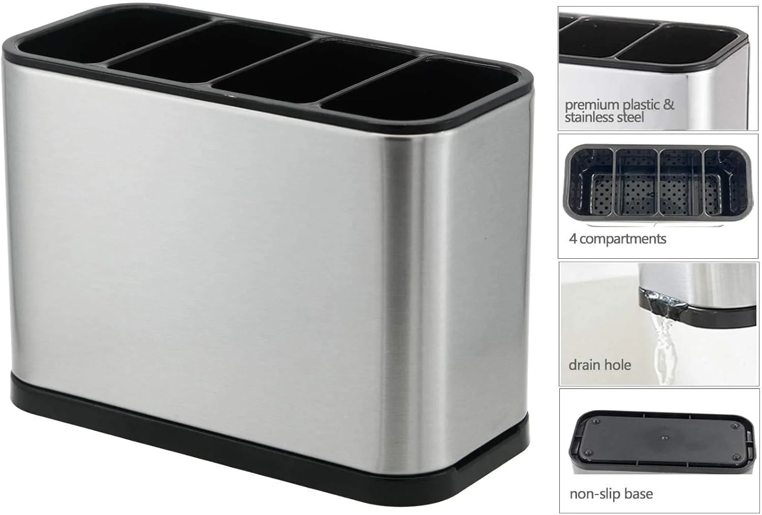 جا قاشقی و ابزار آشپزی MOMENT، استیل ضد زنگ با 4 قسمت جداکننده، سازمان دهنده لوازم آشپزخانه، طراحی ضد لغزش و تخلیه آب، تمیز کردن آسان، مناسب برای تمام آشپزخانه ها