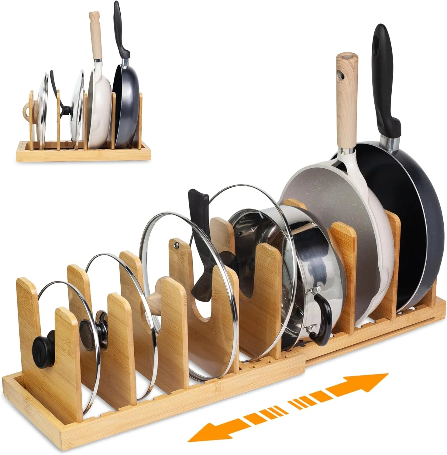 ارگانایزر درب قابلمه بامبو MinBoo، ارگانایزر کشو قابلمه و تابه برای درب قابلمه، 8 جداکننده U شکل قابل تنظیم برای سازماندهی و نگهداری کابینت آشپزخانه