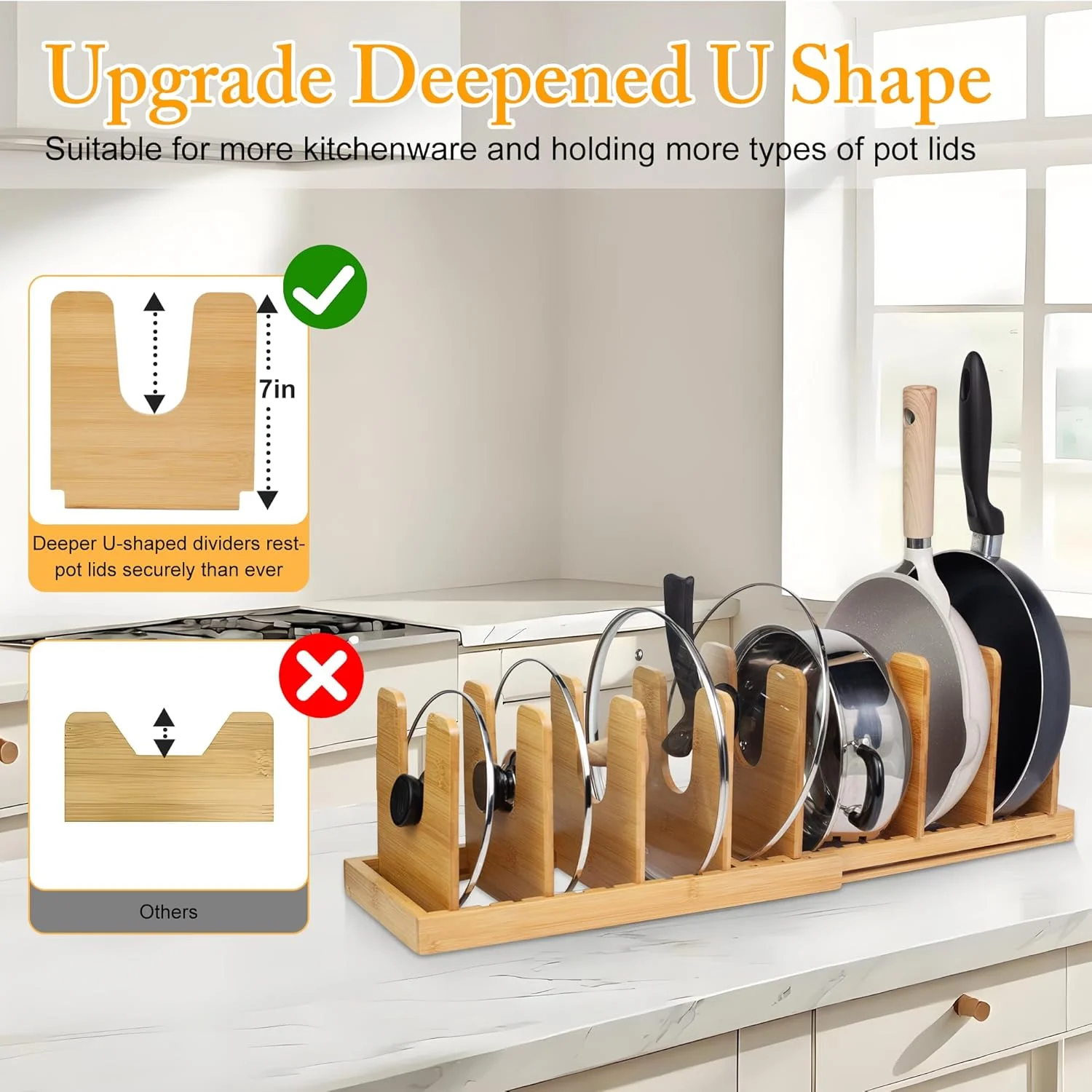 ارگانایزر درب قابلمه بامبو MinBoo، ارگانایزر کشو قابلمه و تابه برای درب قابلمه، 8 جداکننده U شکل قابل تنظیم برای سازماندهی و نگهداری کابینت آشپزخانه