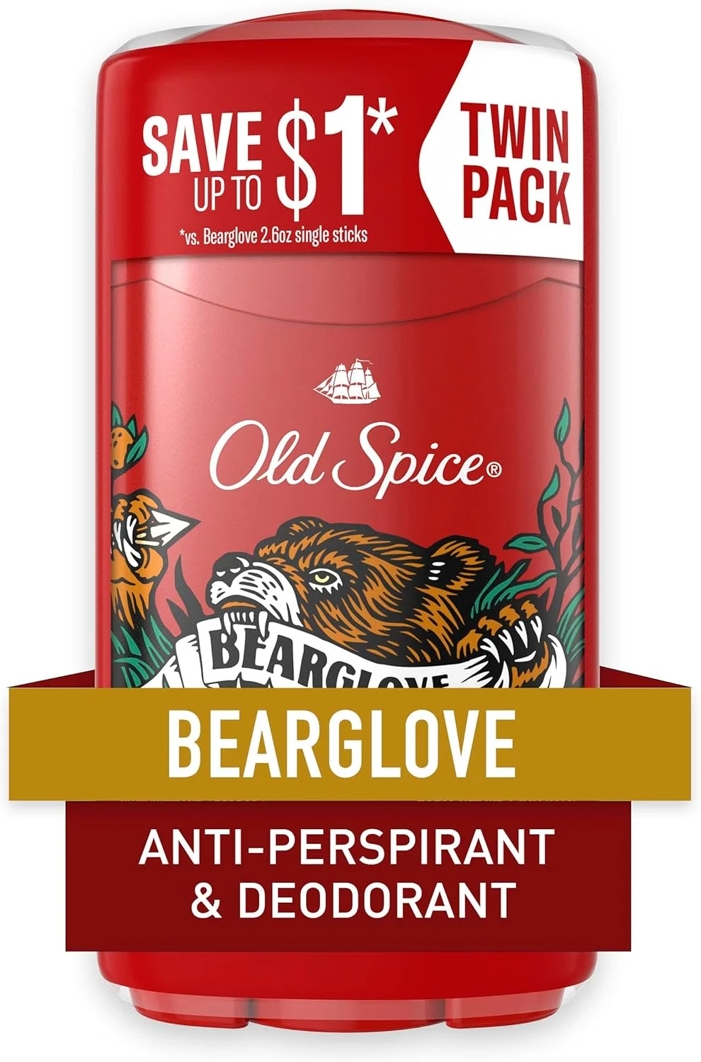 ضد تعریق و دئودورانت مردانه اولد اسپایس، محافظت 24 ساعته در برابر عرق و بو، رایحه Bearglove، استیک جامد نامرئی، بسته دوتایی، 2 x 2.6oz