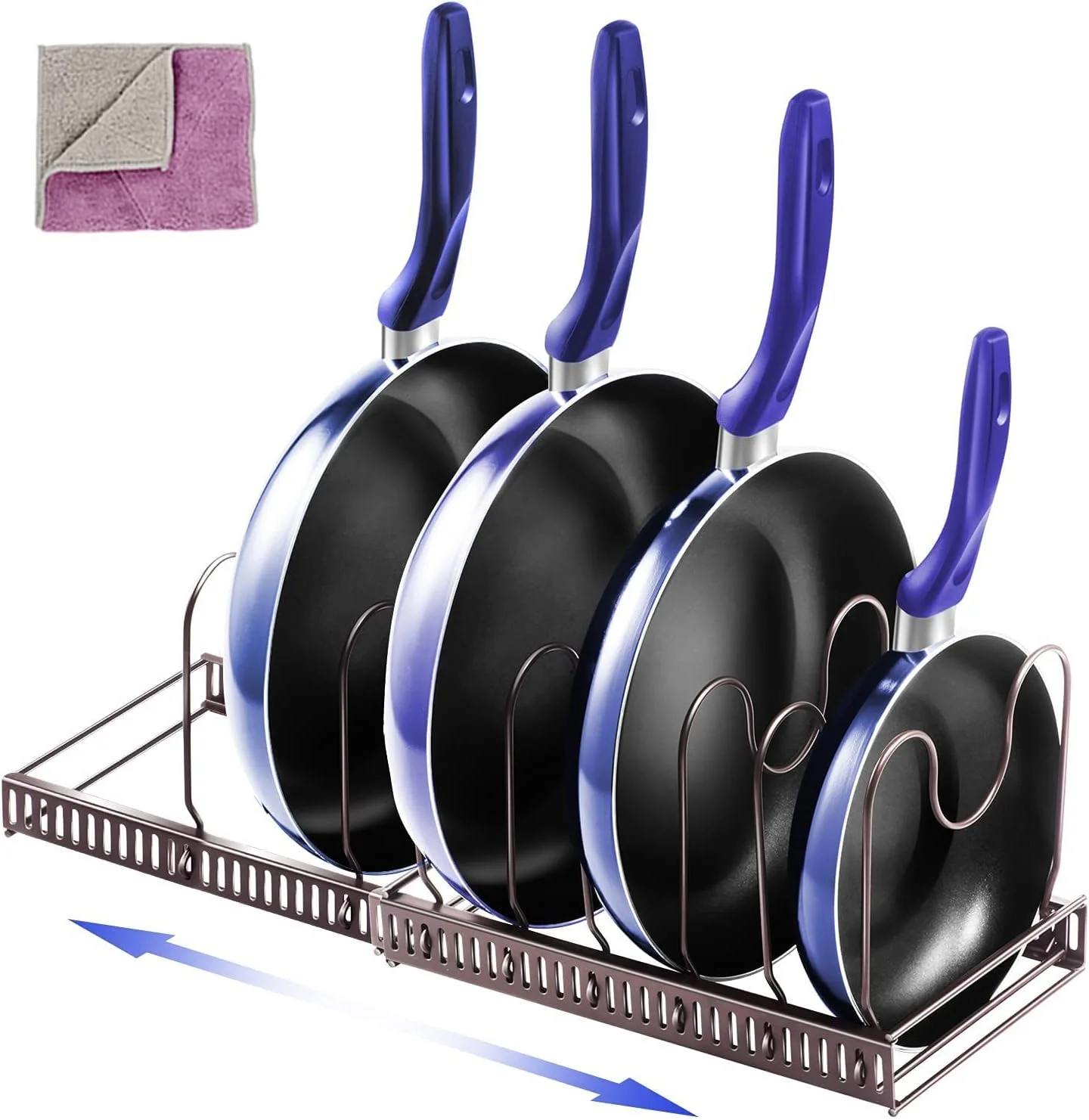 ارگانایزر قابلمه و تابه Masthome، قفسه ارگانایزر درب قابلمه قابل تنظیم با 7 جداکننده، قفسه قابلمه برای کابینت انبار آشپزخانه - ارسال 1 عدد دستمال تمیز کننده