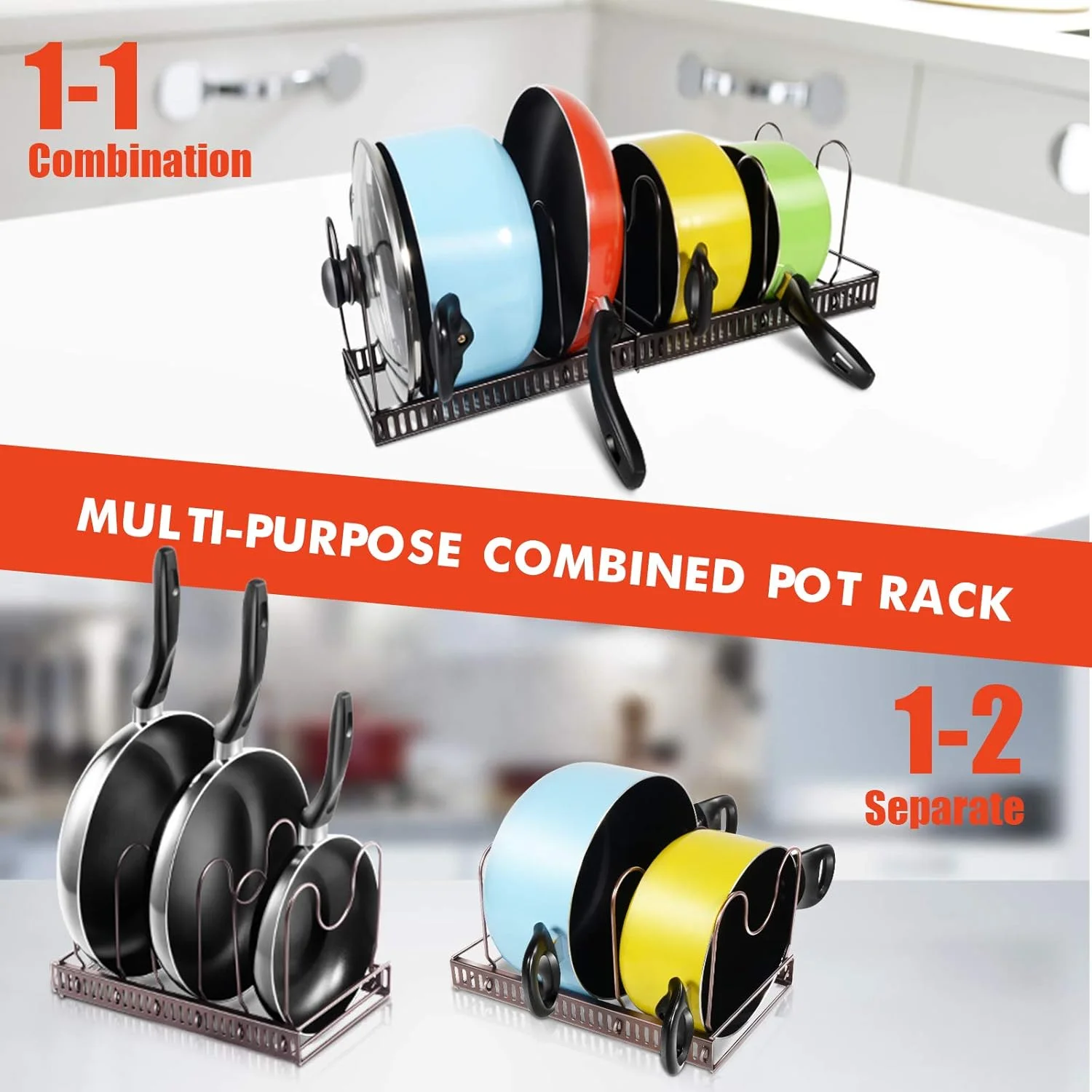 ارگانایزر قابلمه و تابه Masthome، قفسه ارگانایزر درب قابلمه قابل تنظیم با 7 جداکننده، قفسه قابلمه برای کابینت انبار آشپزخانه - ارسال 1 عدد دستمال تمیز کننده