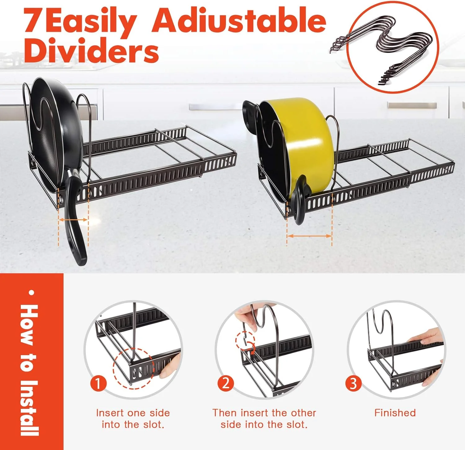 ارگانایزر قابلمه و تابه Masthome، قفسه ارگانایزر درب قابلمه قابل تنظیم با 7 جداکننده، قفسه قابلمه برای کابینت انبار آشپزخانه - ارسال 1 عدد دستمال تمیز کننده