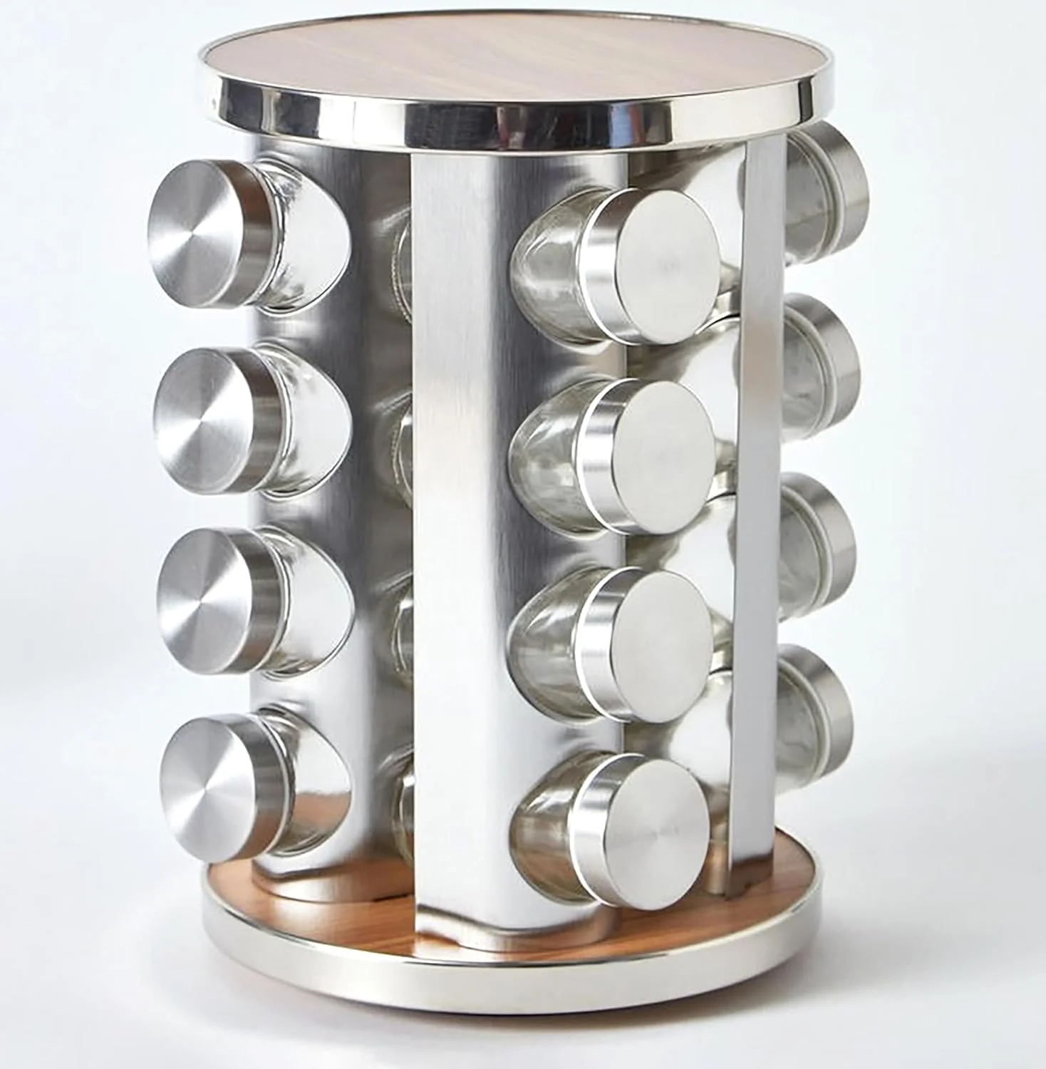جا ادویه ای چرخشی مکس-ای ام آ با 16 شیشه ادویه شیشه ای، استیل ضد زنگ چرخان 360 درجه و جا ادویه ای آشپزخانه با روکش چوبی برای ست ادویه روی میز