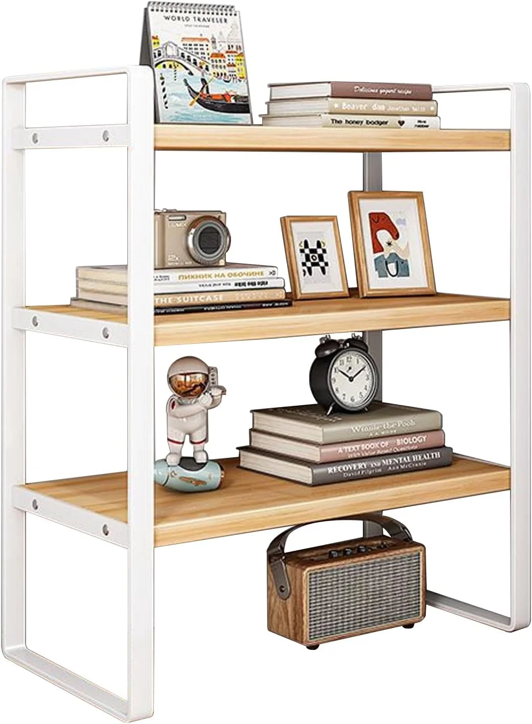 قفسه های پیشخوان Maykela، قفسه کابینت، سازمان دهنده چوبی، قفسه های رومیزی، سازمان دهنده های رومیزی، قفسه کتاب، سازمان دهنده پیشخوان آشپزخانه (سفید)