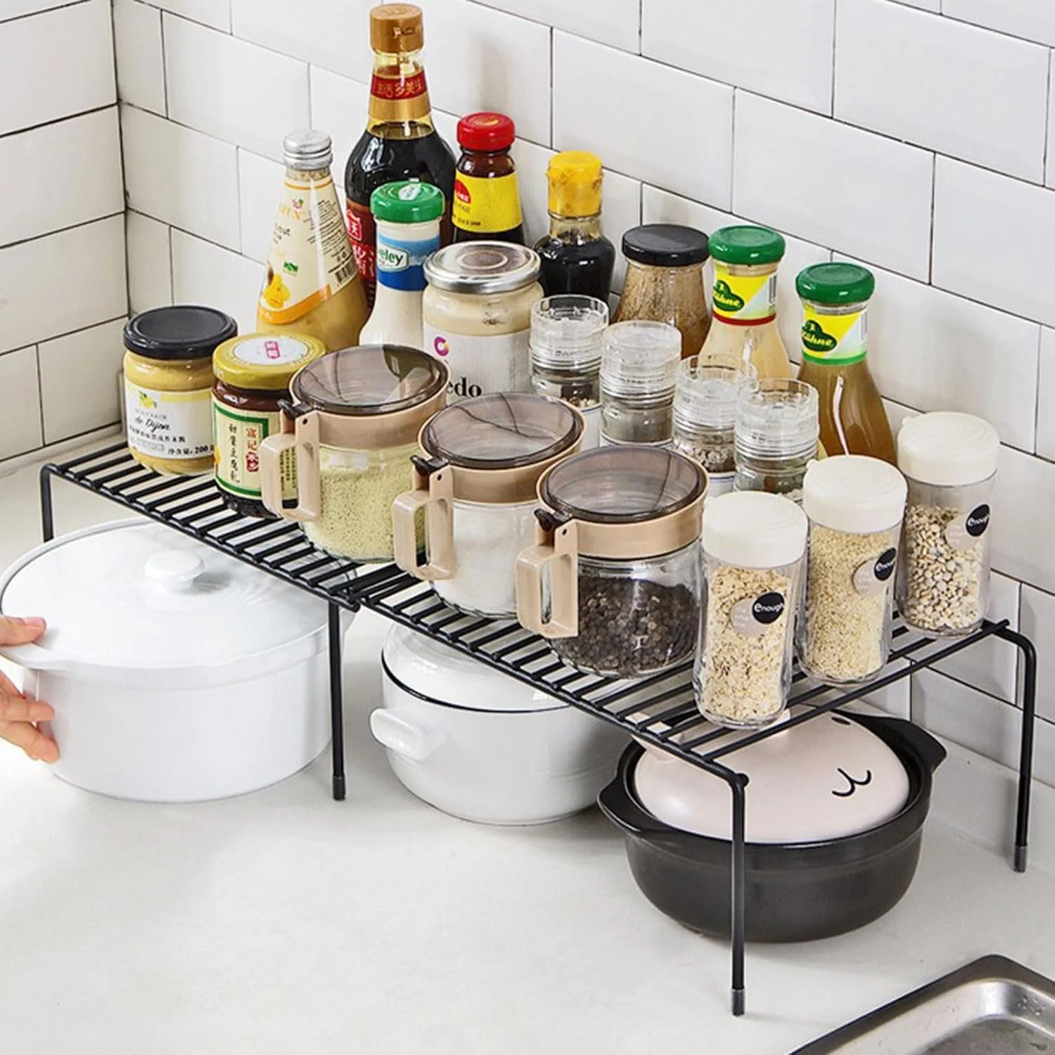 قفسه رومیزی مایکیلا، قفسه کابینت آشپزخانه قابل گسترش و چیدمان، سازمان دهنده کابینت برای ظروف، چاشنی و کابینت، سازمان دهنده انبار (مشکی - 1 عدد)
