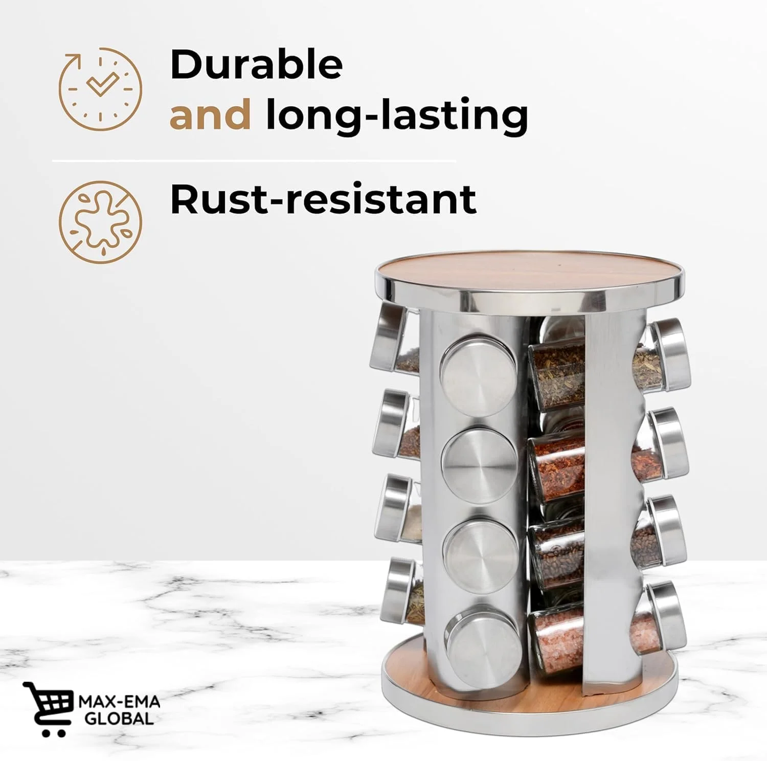 جا ادویه ای چرخشی مکس-ای ام آ با 16 شیشه ادویه شیشه ای، استیل ضد زنگ چرخان 360 درجه و جا ادویه ای آشپزخانه با روکش چوبی برای ست ادویه روی میز