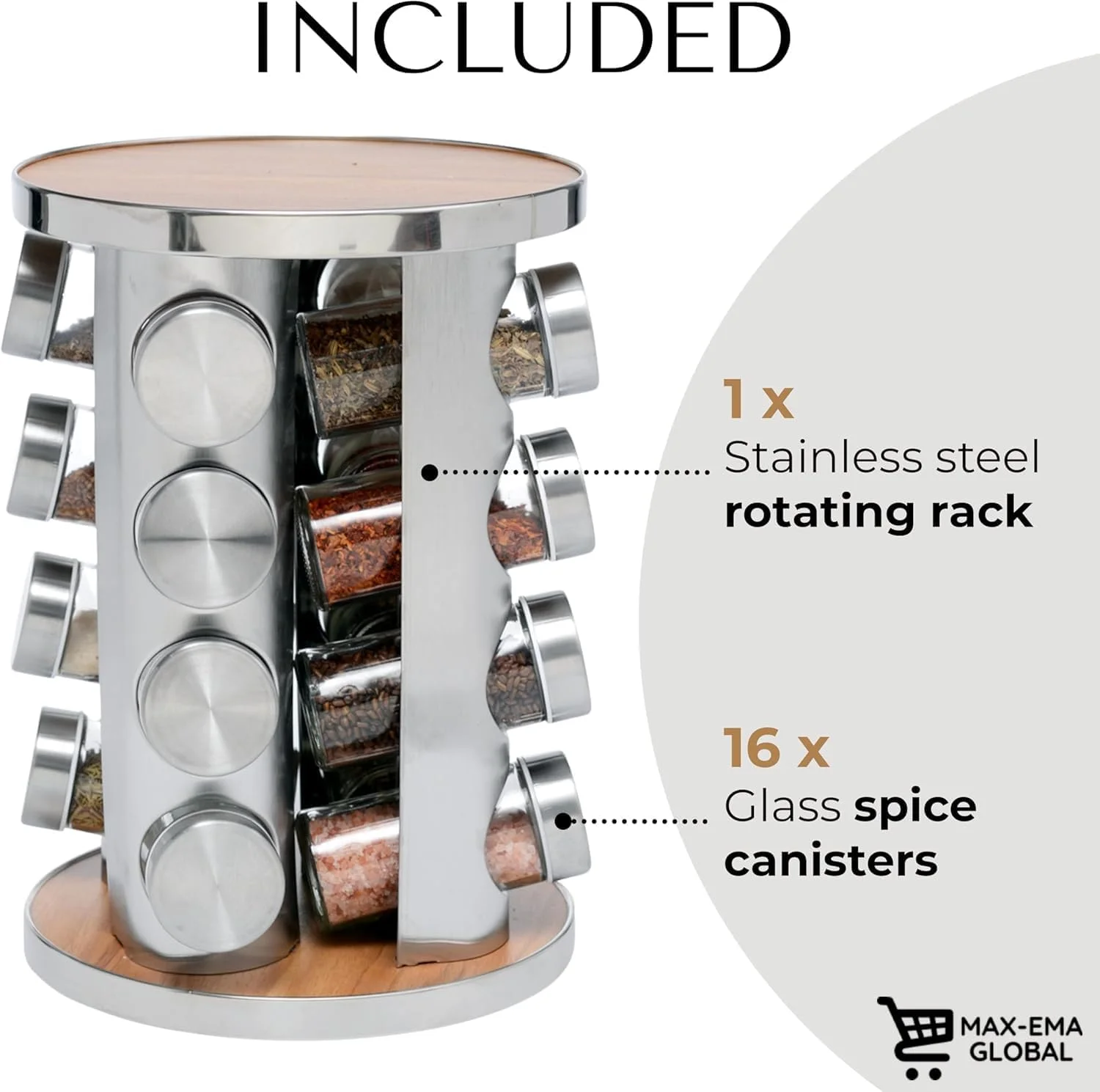 جا ادویه ای چرخشی مکس-ای ام آ با 16 شیشه ادویه شیشه ای، استیل ضد زنگ چرخان 360 درجه و جا ادویه ای آشپزخانه با روکش چوبی برای ست ادویه روی میز