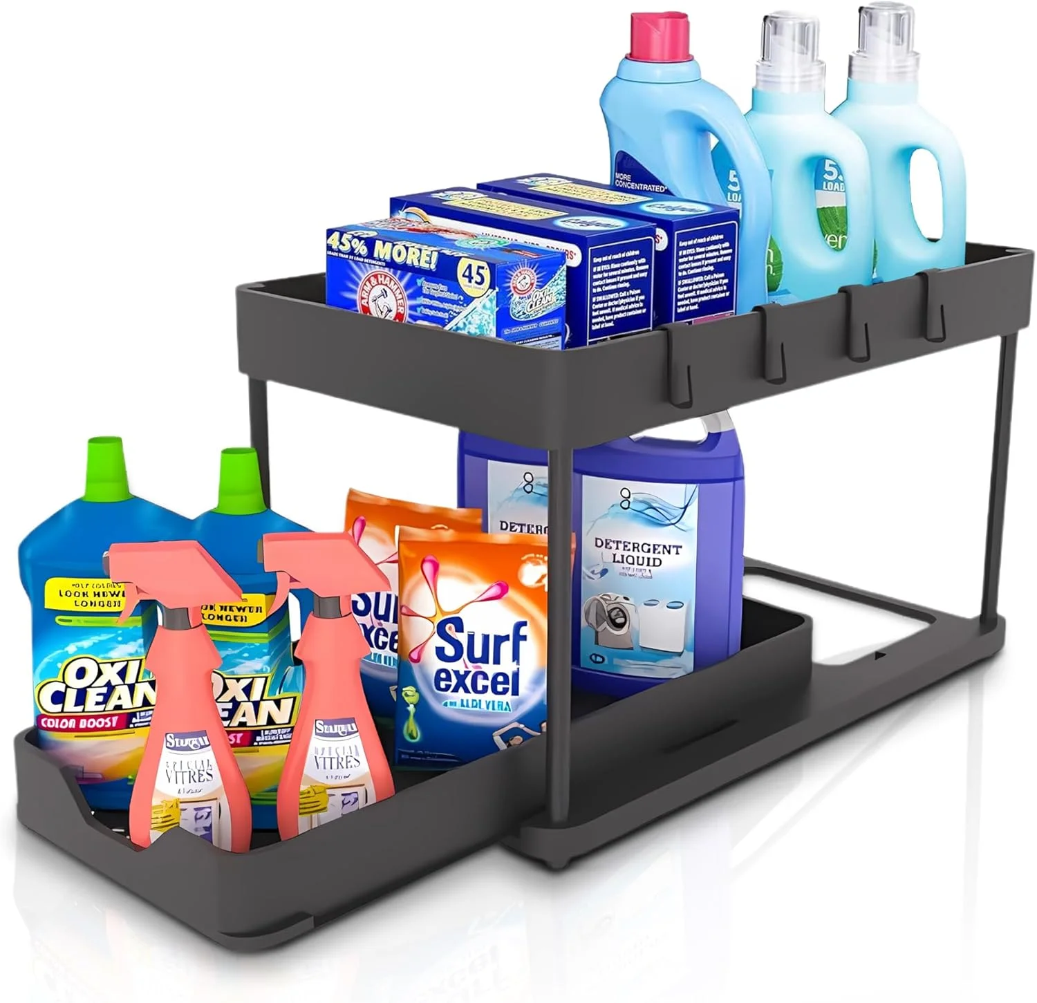 ارگانایزر زیر سینک MARKQ – قفسه کشویی 2 طبقه با قلاب | ذخیره سازی چند منظوره کابینت برای آشپزخانه، حمام و لباسشویی | پایه ضد لغزش صرفه جویی در فضا (مشکی)