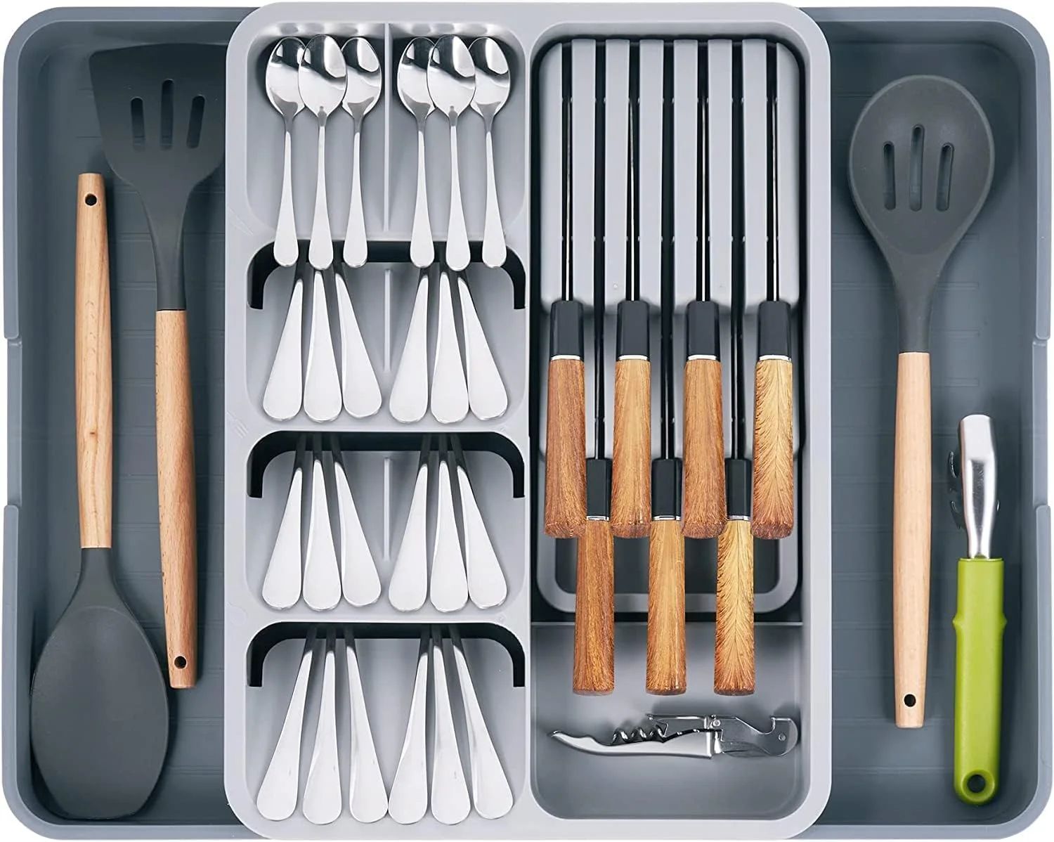 جا قاشقی کشویی آشپزخانه مالوری، ارگانایزر کشو کارد و چنگال قابل گسترش، ارگانایزر وسایل آشپزخانه، قفسه کارد و چنگال، ارگانایزر کشو لوازم نقره ای، نگهداری آشپزخانه برای کارد و چنگال، ظروف و ابزار