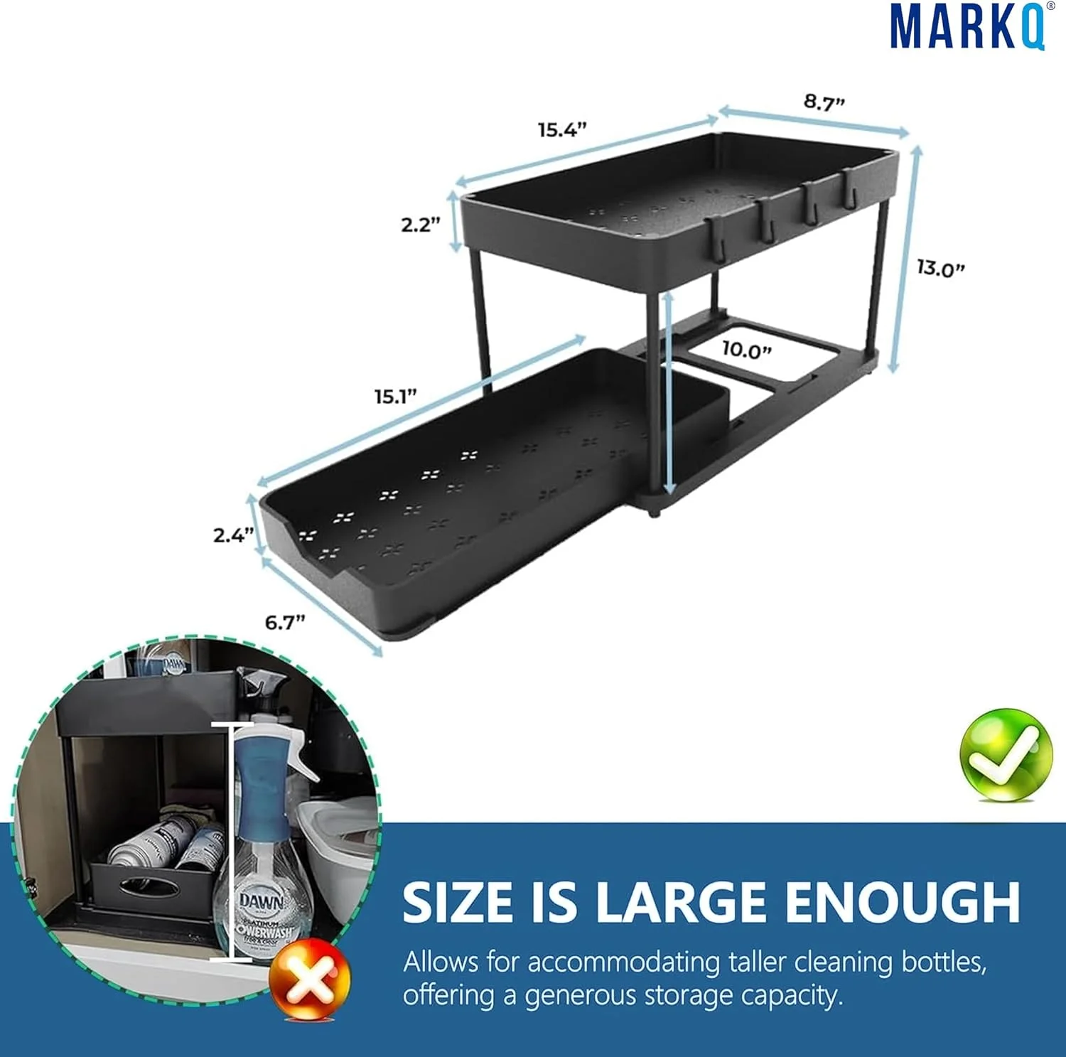 ارگانایزر زیر سینک MARKQ – قفسه کشویی 2 طبقه با قلاب | ذخیره سازی چند منظوره کابینت برای آشپزخانه، حمام و لباسشویی | پایه ضد لغزش صرفه جویی در فضا (مشکی)