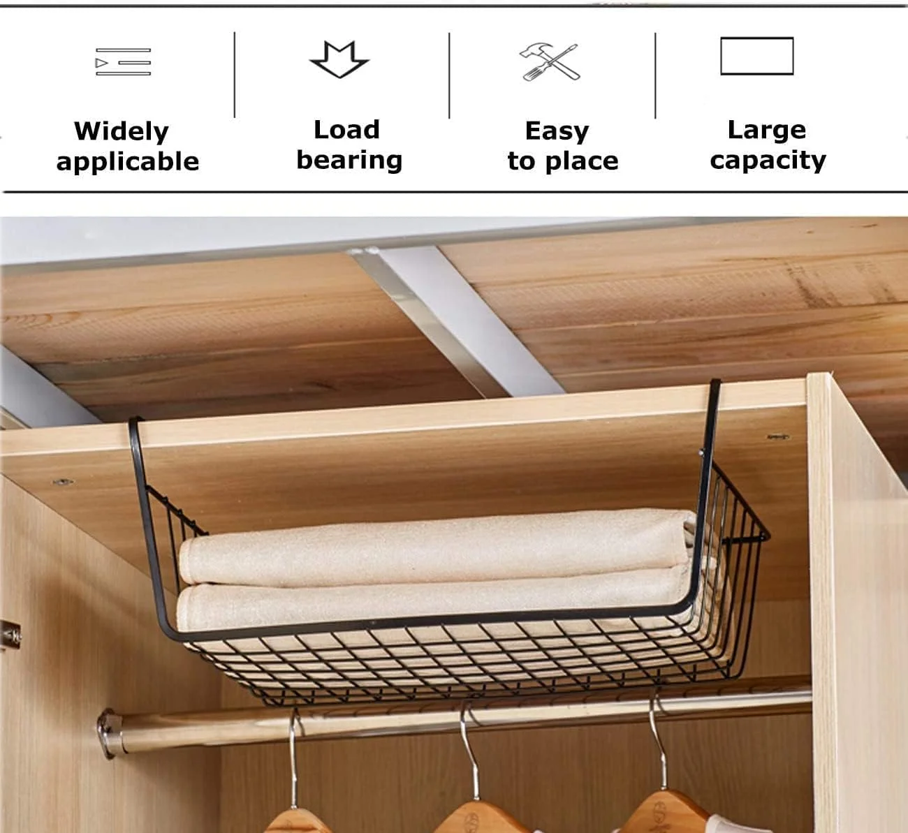 سبد آویز زیر قفسه MARKQ، سبد سیمی بزرگ برای سازماندهی و صرفه جویی در فضا برای آشپزخانه، دفتر، حمام، کمد، کابینت، قفسه کتاب، مشکی