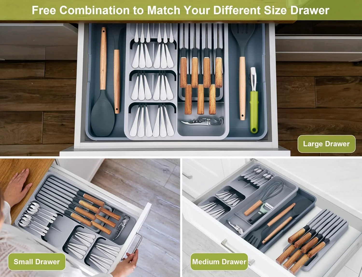 جا قاشقی کشویی آشپزخانه مالوری، ارگانایزر کشو کارد و چنگال قابل گسترش، ارگانایزر وسایل آشپزخانه، قفسه کارد و چنگال، ارگانایزر کشو لوازم نقره ای، نگهداری آشپزخانه برای کارد و چنگال، ظروف و ابزار