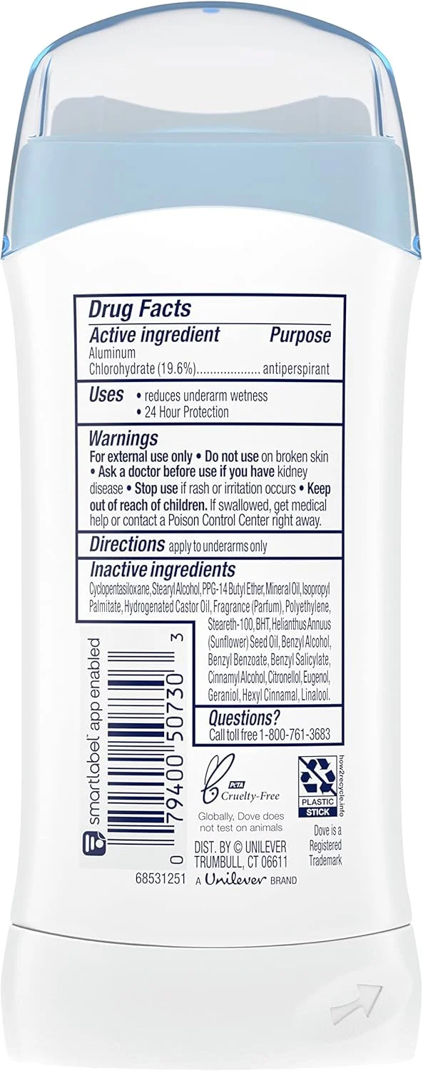 Dove Invisible Solid Antiperspirant Deodorant Stick for Women, Original Clean, For All Day Underarm Sweat & Odor Protection, 2.6 Ounce (Pack of 6) Dove Invisible Solid Antiperspirant Deodorant Stick for Women, Original Clean, For All Day Underarm Sweat & Odor Protection, 2.6 Ounce (Pack of 6)