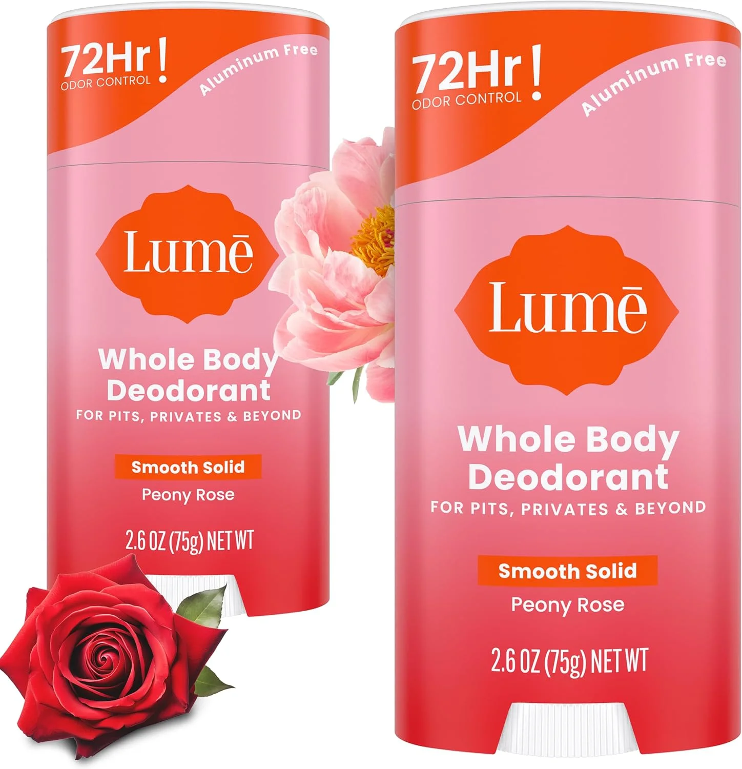 Lume Whole Body Deodorant - Smooth Solid Stick - 72 Hour Odor Control - Aluminum Free, Baking Soda Free and Skin Safe - 2.6 Ounce (Pack of 2) (Peony Rose)