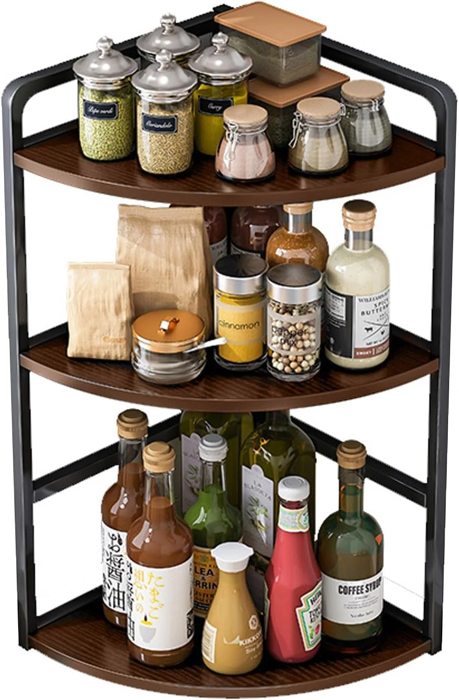 LYLYMYKHH 3 Tier Corner Shelf Spice Rack Storage Spice Organizer for Countertop Kitchen Seasoning Standing Shelf Countertop Standing Corner Shelf Removable Seasoning Organizer (Black-3 Layer)
