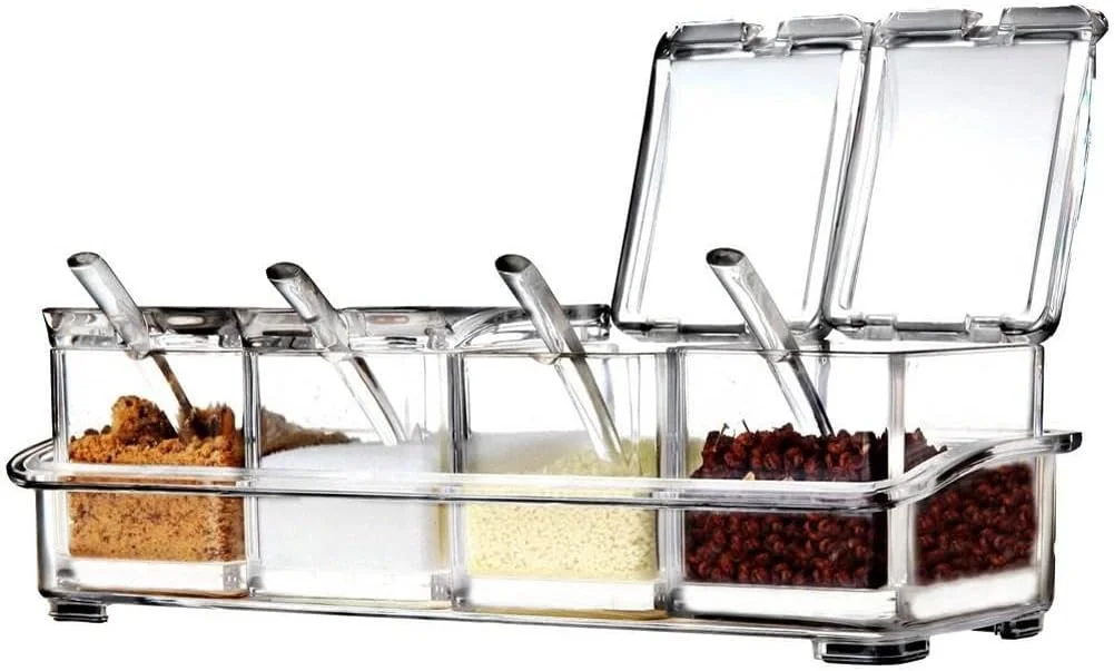 LOYUYU Luyy Seasoning Box, Seasoning Rack Spice Pots, Storage Container Condiment Jars, 4 Piece Clear Acrylic Cruet with Cover and Spoon Transparent