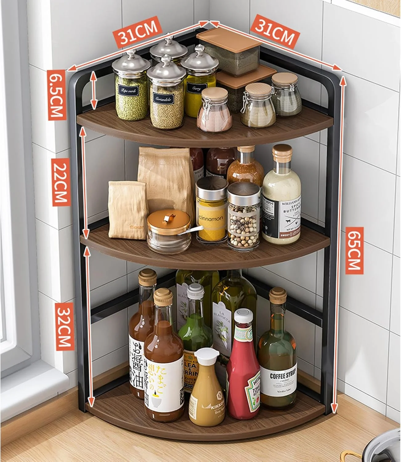 LYLYMYKHH 3 Tier Corner Shelf Spice Rack Storage Spice Organizer for Countertop Kitchen Seasoning Standing Shelf Countertop Standing Corner Shelf Removable Seasoning Organizer (Black-3 Layer)