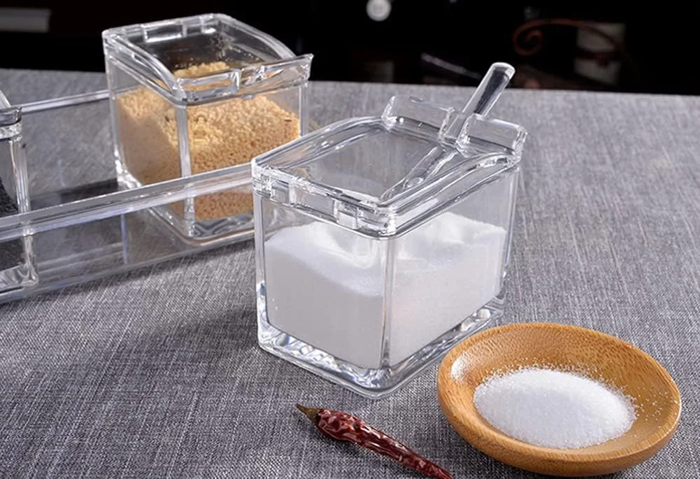 LOYUYU Luyy Seasoning Box, Seasoning Rack Spice Pots, Storage Container Condiment Jars, 4 Piece Clear Acrylic Cruet with Cover and Spoon Transparent