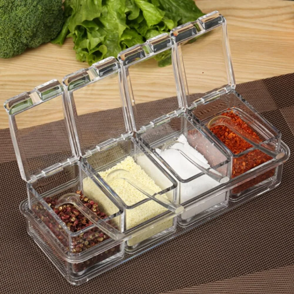 LOYUYU Luyy Seasoning Box, Seasoning Rack Spice Pots, Storage Container Condiment Jars, 4 Piece Clear Acrylic Cruet with Cover and Spoon Transparent