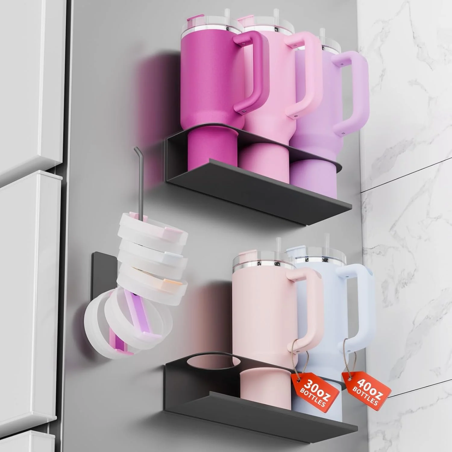 نگهدارنده مغناطیسی لیوان برای بطری های آب استنلی 30 و 40 اونس، بسته 2 عددی سازمان دهنده درب لیوان برای لوازم جانبی لیوان استنلی، غیر مخرب، جداسازی انعطاف پذیر، ایده آل برای پنل مینای آشپزخانه و یخچال