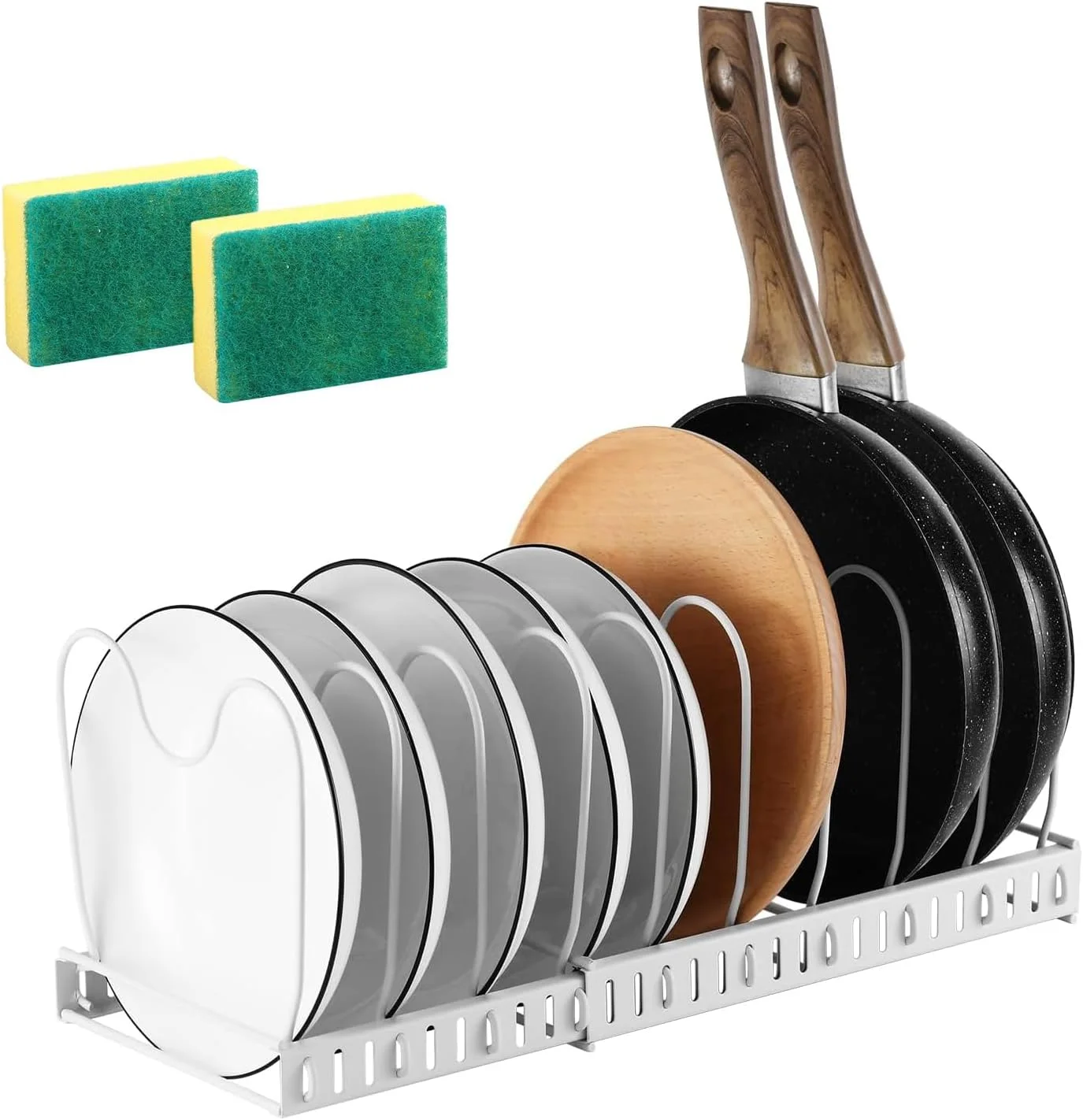 ارگانایزر قابلمه و تابه LYLYMYKHH با قابلیت گسترش برای کابینت با 10 جداکننده، قفسه قابل تنظیم برای قابلمه و تابه، درب تابه، ظروف پخت و پز، نگهدارنده لوازم پخت برای پیشخوان آشپزخانه و انبار (سفید)