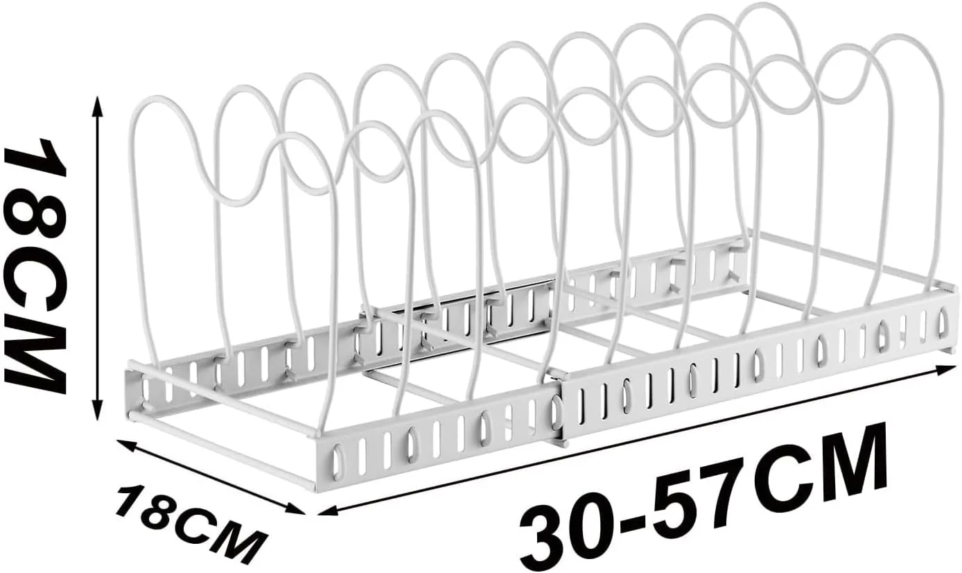 ارگانایزر قابلمه و تابه LYLYMYKHH با قابلیت گسترش برای کابینت با 10 جداکننده، قفسه قابل تنظیم برای قابلمه و تابه، درب تابه، ظروف پخت و پز، نگهدارنده لوازم پخت برای پیشخوان آشپزخانه و انبار (سفید)