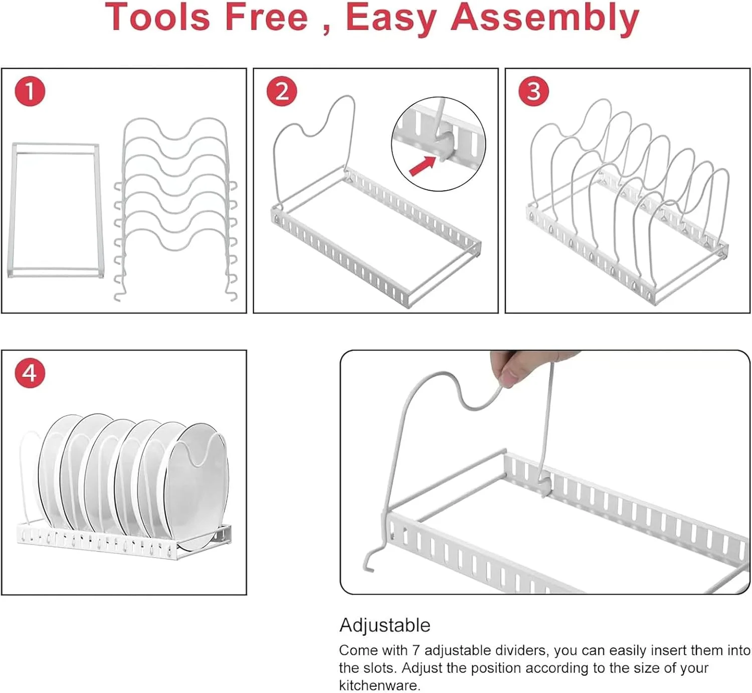 ارگانایزر قابلمه و تابه LYLYMYKHH با قابلیت گسترش برای کابینت با 10 جداکننده، قفسه قابل تنظیم برای قابلمه و تابه، درب تابه، ظروف پخت و پز، نگهدارنده لوازم پخت برای پیشخوان آشپزخانه و انبار (سفید)