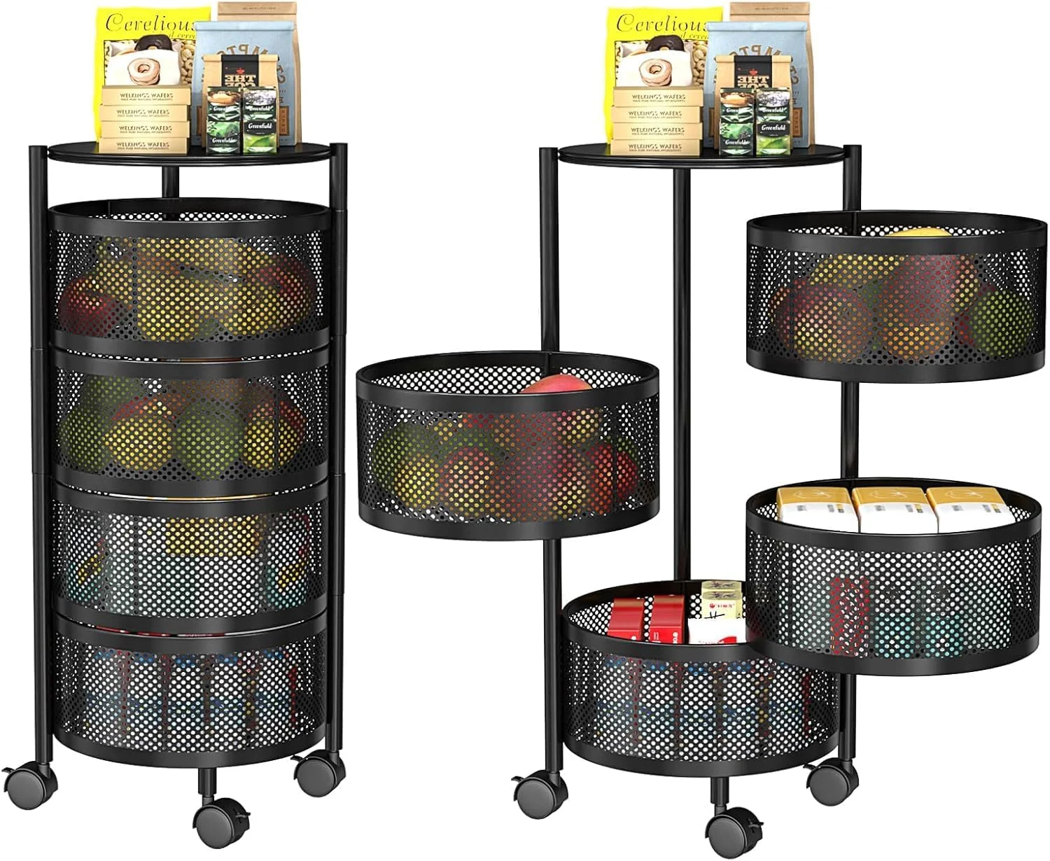 قفسه چرخشی ذخیره سازی Lomeshow با چرخ - سازمان دهنده میوه و سبزیجات، قفسه حمام، سازماندهی و ذخیره سازی آشپزخانه، سبد ابزار متحرک برای اتاق نشیمن (مشکی، 4 طبقه)