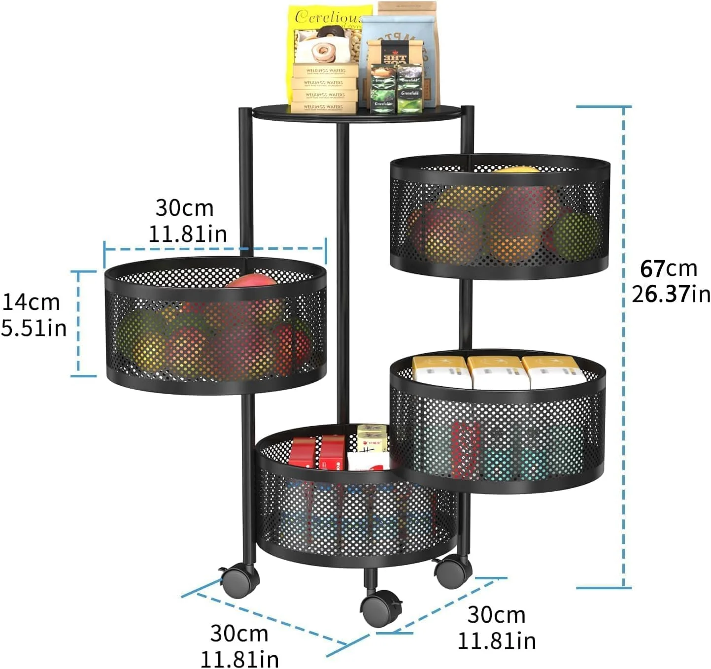 قفسه چرخشی ذخیره سازی Lomeshow با چرخ - سازمان دهنده میوه و سبزیجات، قفسه حمام، سازماندهی و ذخیره سازی آشپزخانه، سبد ابزار متحرک برای اتاق نشیمن (مشکی، 4 طبقه)