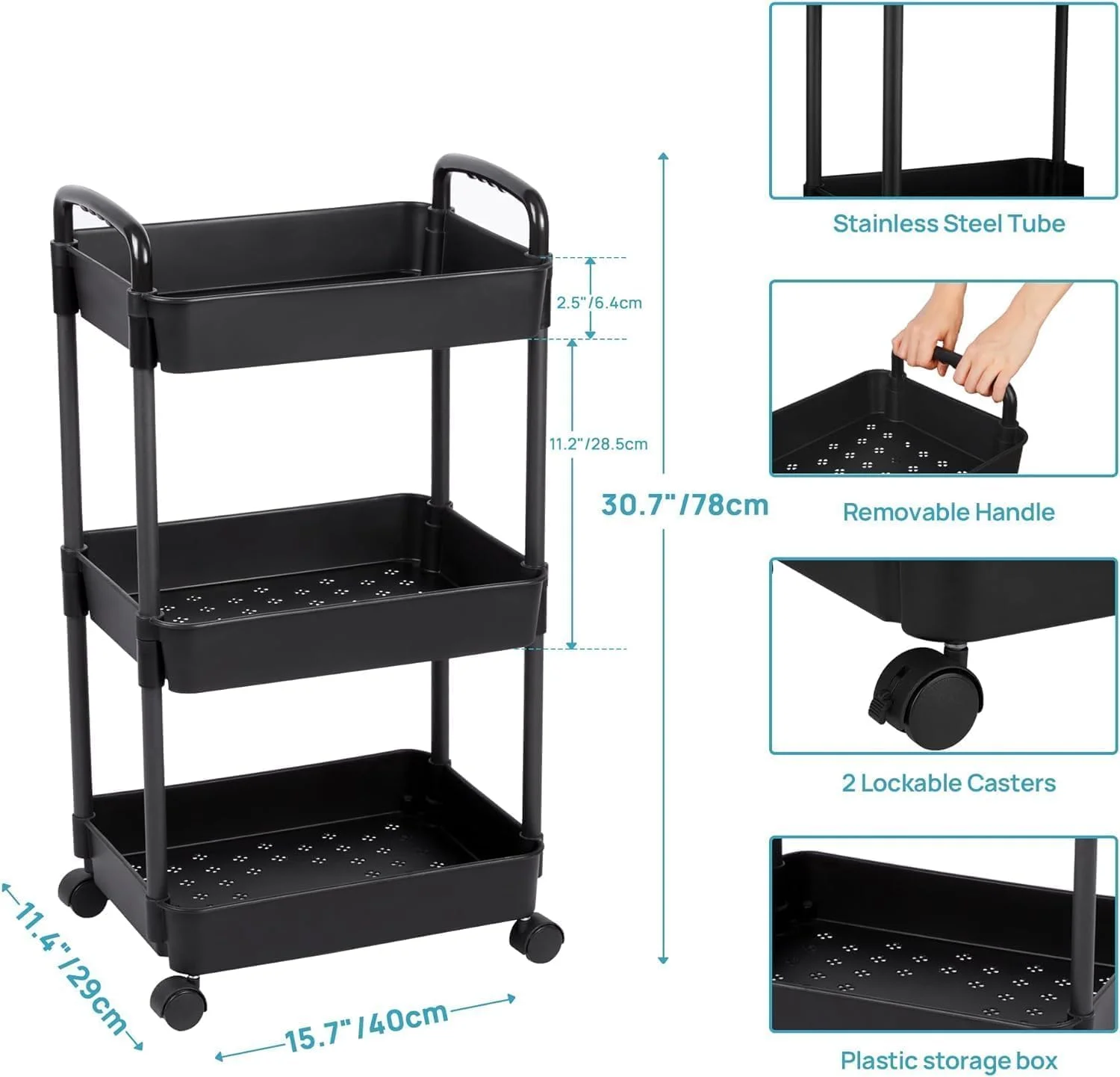 چرخ دستی غلتکی با چرخ های قفل شونده، قفسه های ذخیره سازی چند منظوره با دسته، سبد واحد قفسه بندی متحرک سازمان دهنده ذخیره سازی آشپزخانه برای حمام، لباسشویی، اتاق نشیمن (مشکی، 3 طبقه)