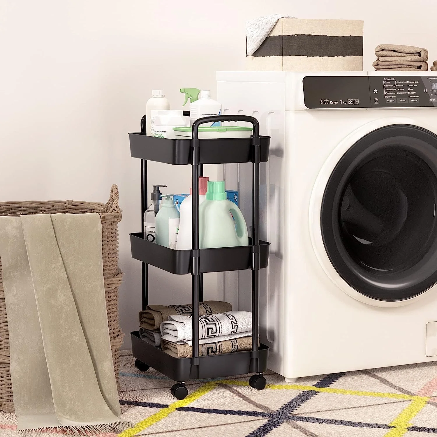 چرخ دستی غلتکی با چرخ های قفل شونده، قفسه های ذخیره سازی چند منظوره با دسته، سبد واحد قفسه بندی متحرک سازمان دهنده ذخیره سازی آشپزخانه برای حمام، لباسشویی، اتاق نشیمن (مشکی، 3 طبقه)