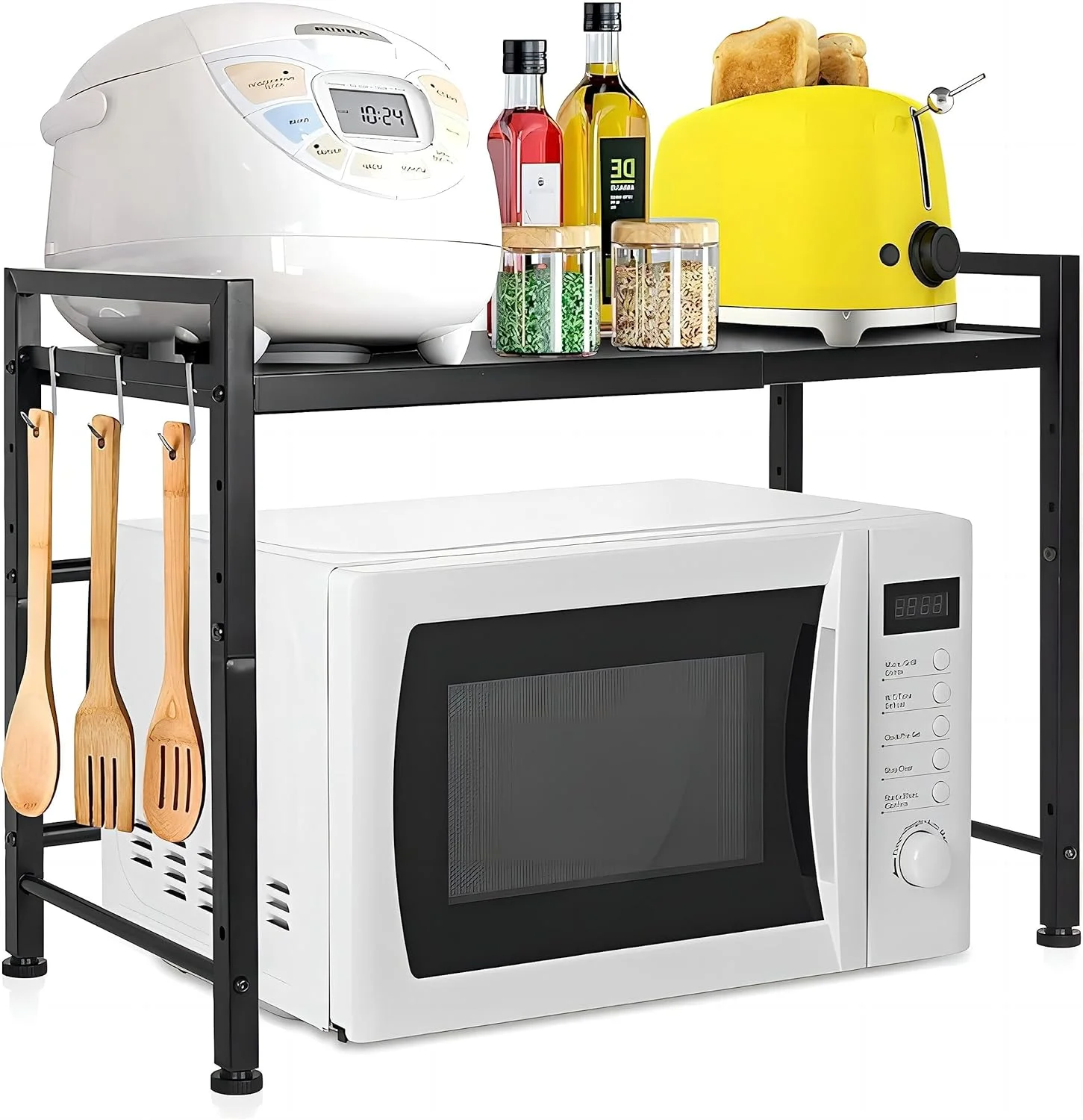 Lenosed Microwave Oven Rack 2-Tier Microwave Oven Rack Organizer with Hooks - Multipurpose Counter top Storage Organizer - Dish Rack for Kitchen Cabinet - Powder Coated OTG - Black