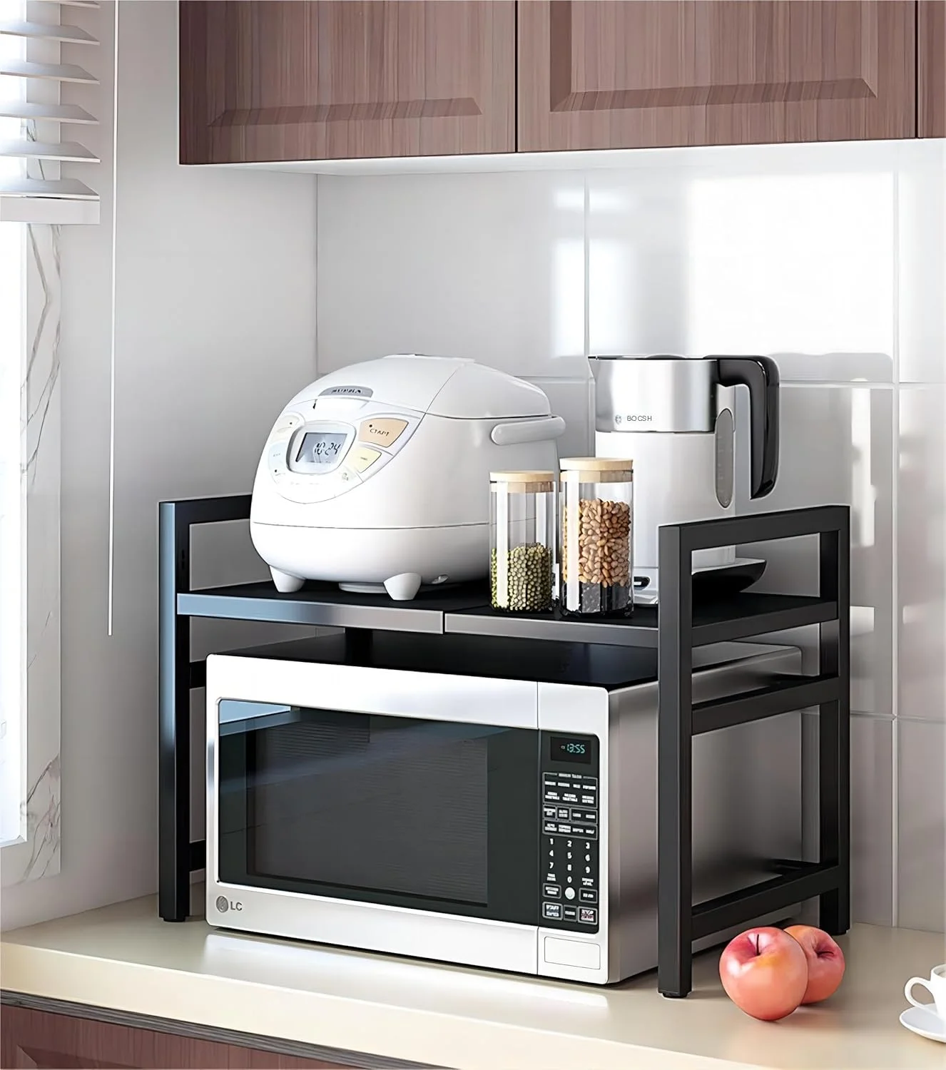 Lenosed Microwave Oven Rack 2-Tier Microwave Oven Rack Organizer with Hooks - Multipurpose Counter top Storage Organizer - Dish Rack for Kitchen Cabinet - Powder Coated OTG - Black