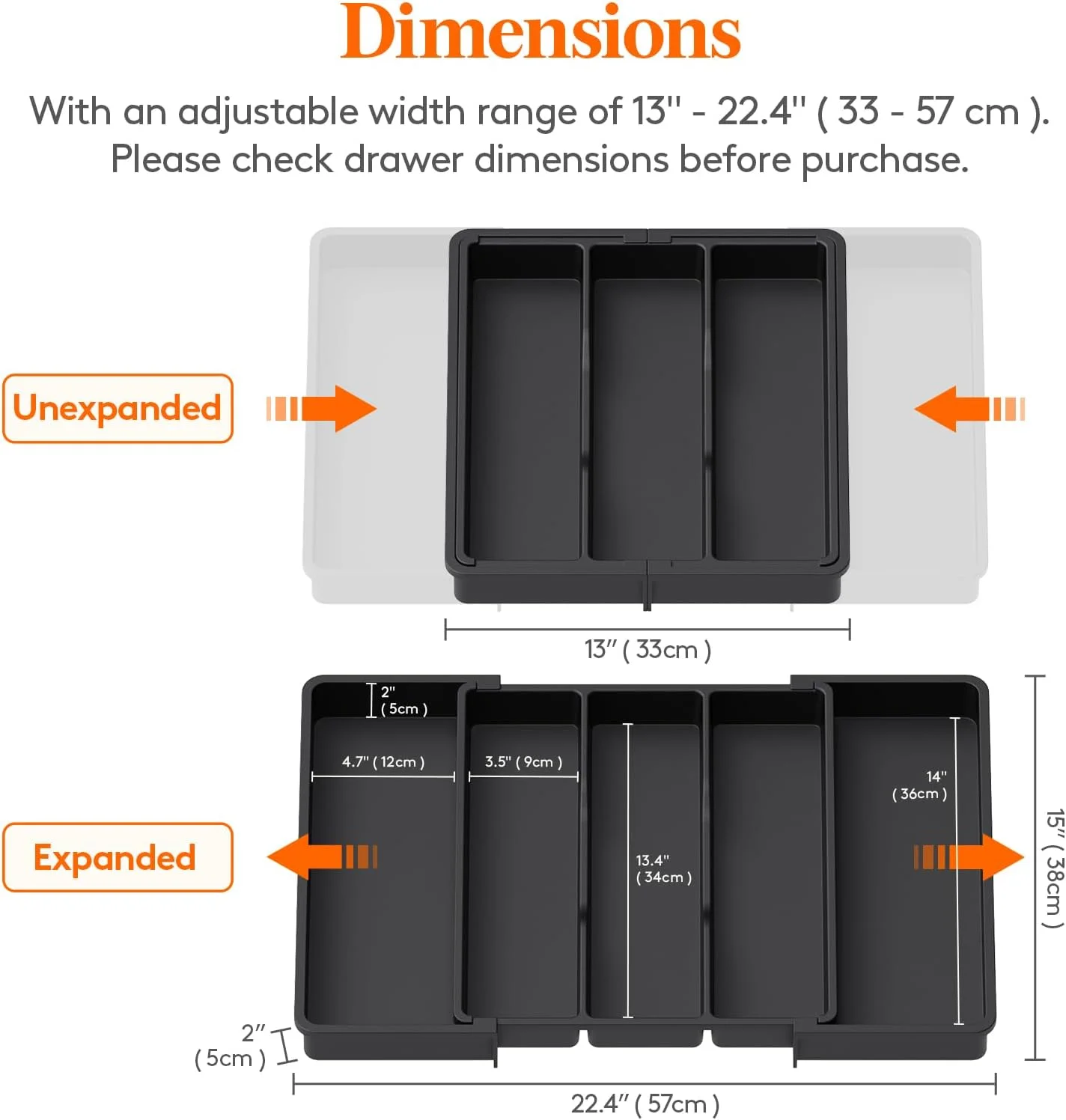 Lifewit Cutlery Tray for Drawers, Large Kitchen Utensil Holder, Expandable to 57cm, Depth 38cm, Drawer Organizer, Plastic Cutlery Holder for Knives/Forks, Black