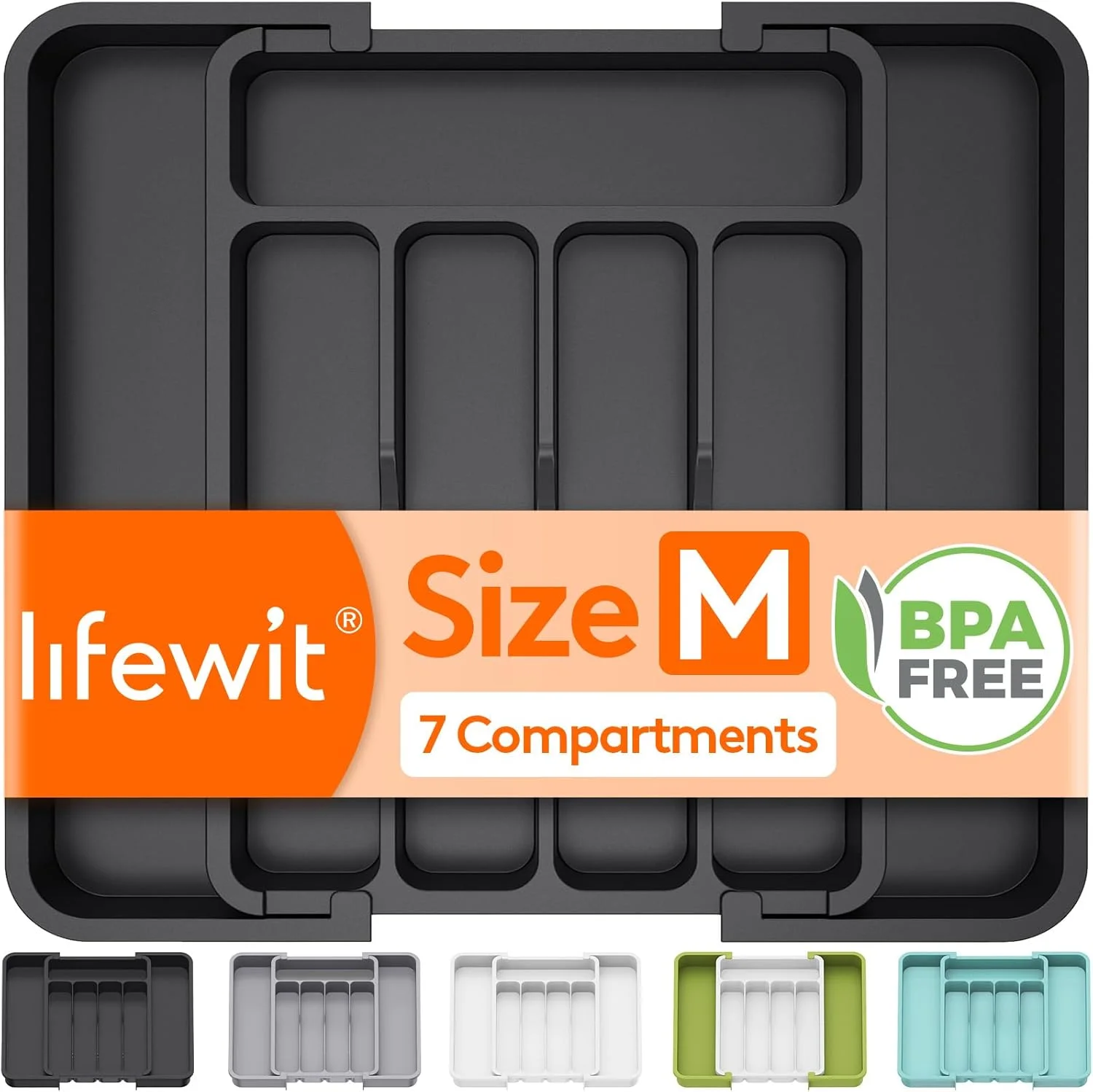 Lifewit Silverware Drawer Organizer, Expandable BPA Free Utensil Tray for Kitchen, Adjustable Flatware and Cutlery Holder for Spoons Forks Knives, Plastic Kitchen Organizers and Storage, Black