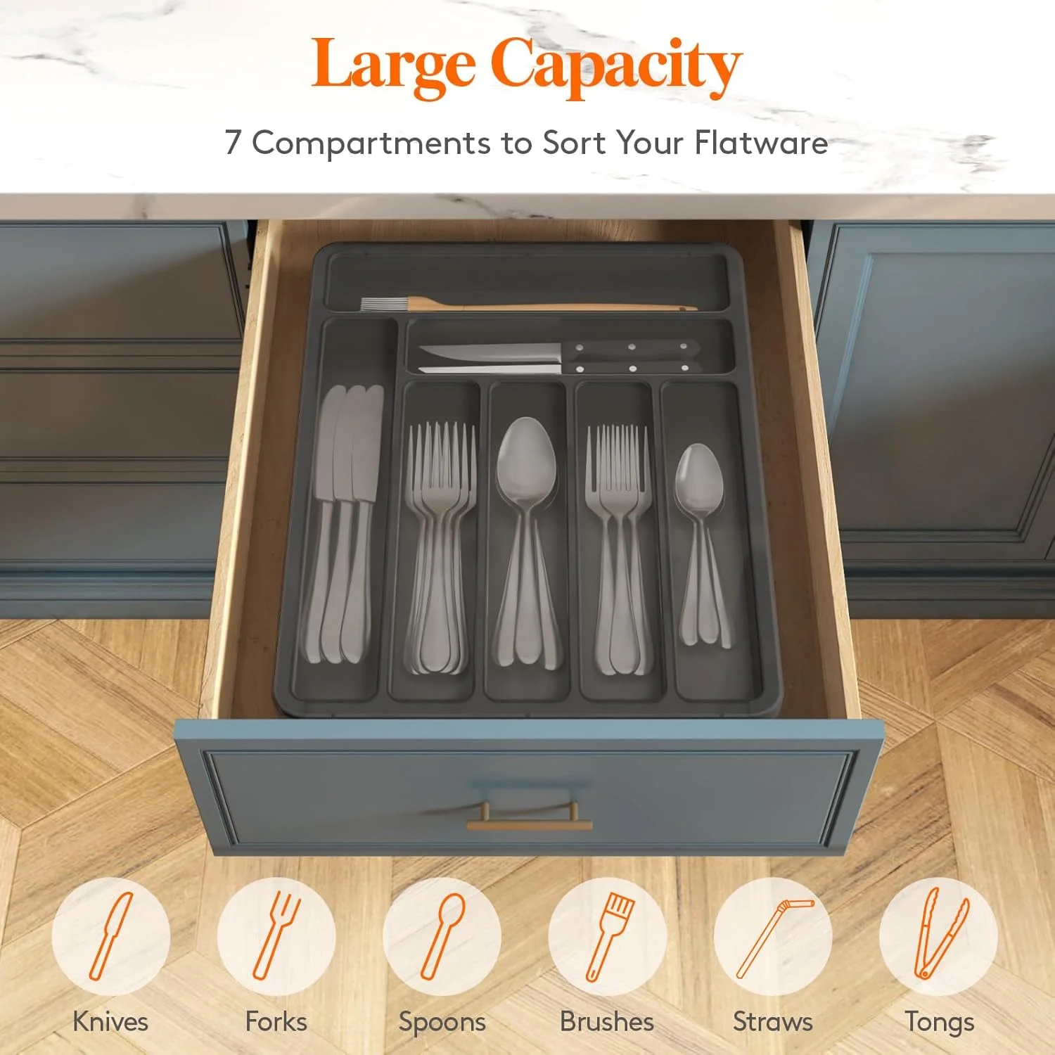 Lifewit Silverware Organizer with Lid, Covered Utensil Tray for Kitchen Drawer and Countertop, Plastic Cutlery and Flatware Storage Box for Spoons Forks Knives Holder Case, 7 Compartments, Black