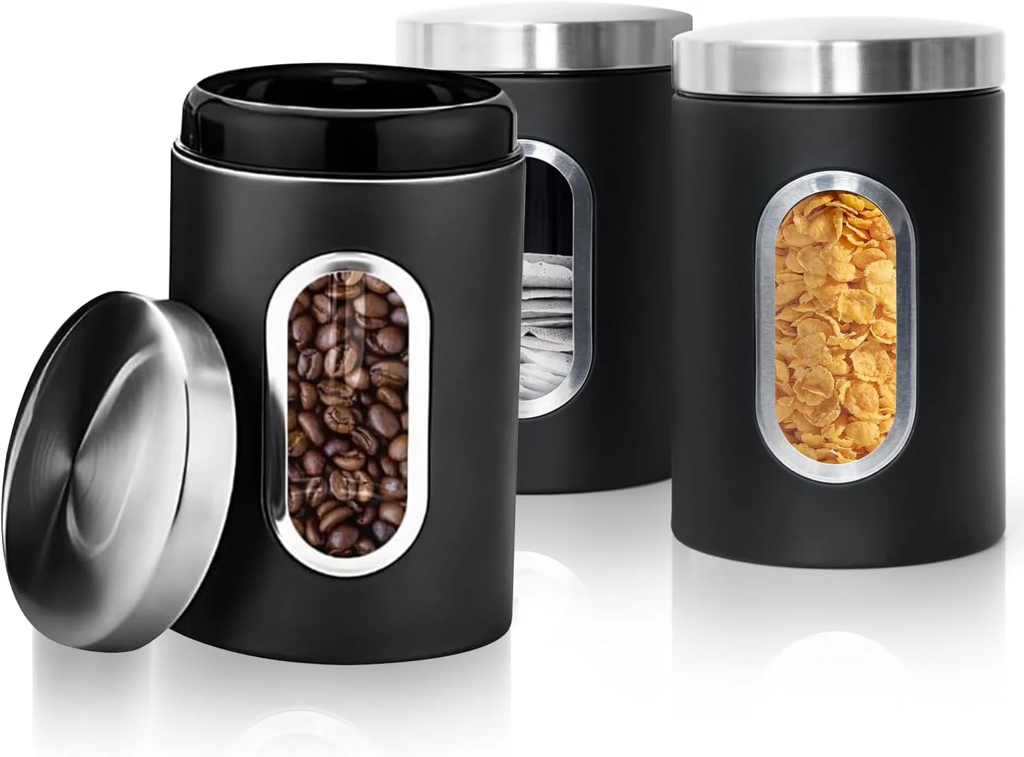 ست قوطی های چای، قهوه و شکر LENND، سازمان دهنده های آشپزخانه و نگهداری مواد غذایی، ظروف پنجره ای شفاف برای مواد غذایی آشپزخانه، ظروف نگهداری شکر، دانه های قهوه، چای، آب نبات، غلات، ادویه جات